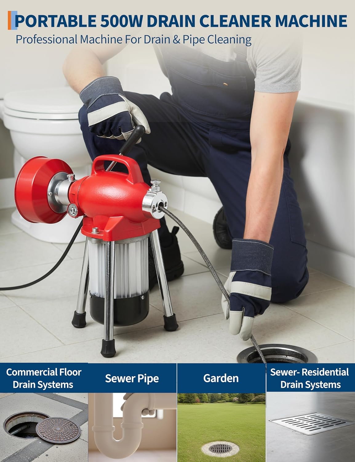 Drain Cleaner Machine, 500W Electric Pipe Auger with 66FT x 5/8" & 16FT x 3/8" Cables, 7 Cutters, Auto-Feed System for 3/4" to 4" Pipes, Red