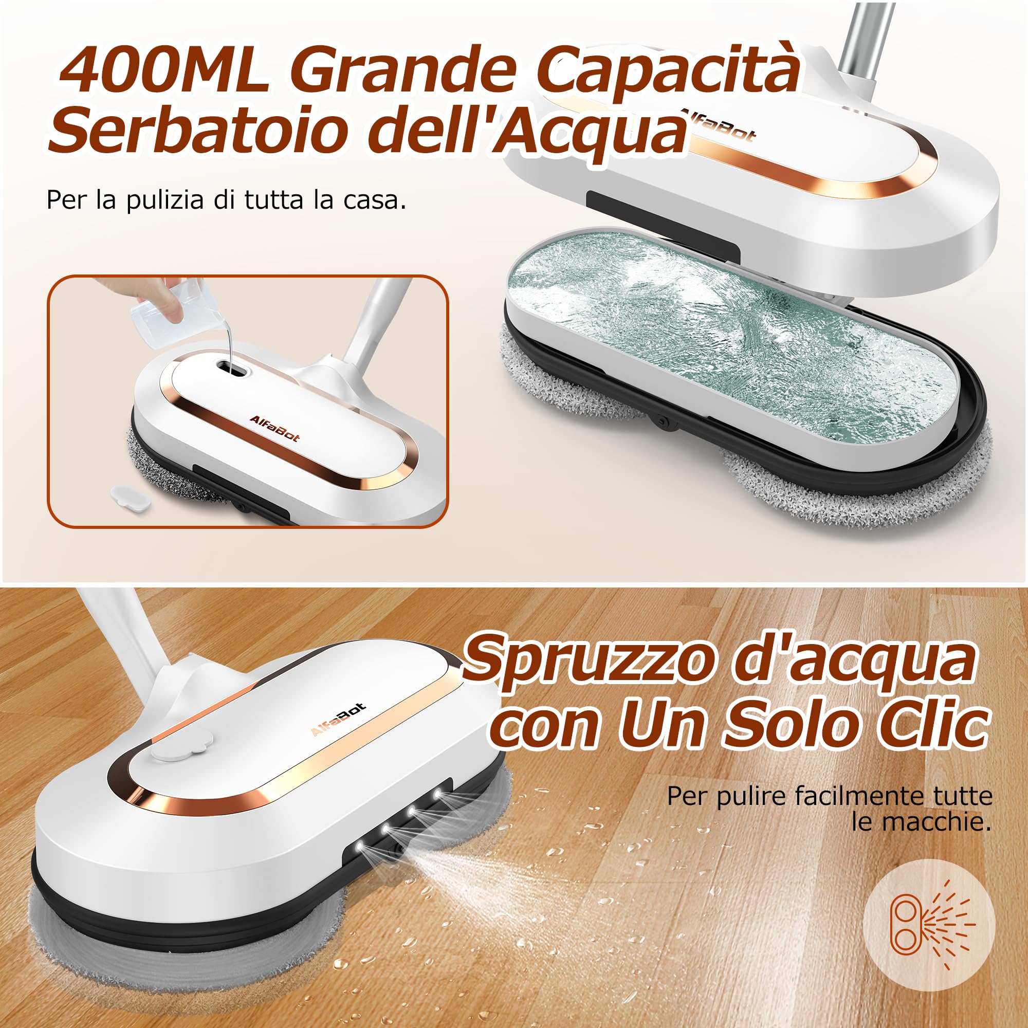 AlfaBot S2 Mocio Elettrico Cordless, 400ML Serbatoio, 60min di Autonomia, Mop Elettrico Lavapavimenti senza Fili con Faro LED e Spruzzatore, per Pavimenti in Legno Duro e Piastrelle
