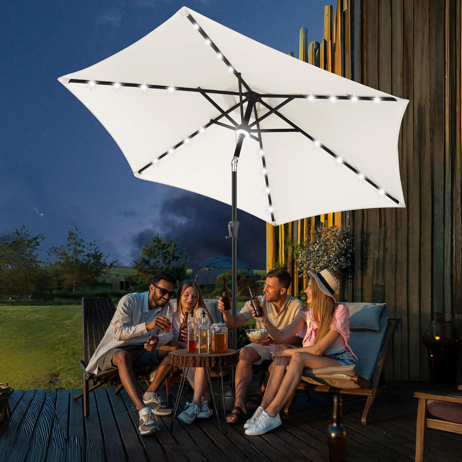 FLAME&SHADE 10ft Solar Outdoor Umbrella - 24 LED Lighted Patio Umbrella with Centre Surround Light, Table Umbrellas with Tilt & Crank for Pool, Porch, Garden, Deck, Backyard UV Protection (Ivory)