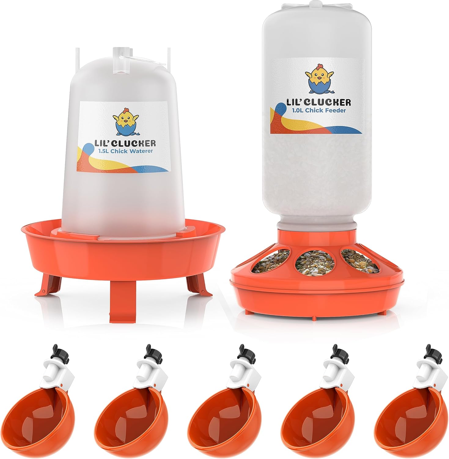 Lil'Clucker Poultry Hydration and Chick Care Set Orange - 1L Chick Feeder, 1.5L Chicken Waterer, No Leakage Chick Kit |5 Pack Large Automatic Chicken Waterer Cups, Orange Chicken Water Feeder for Coop