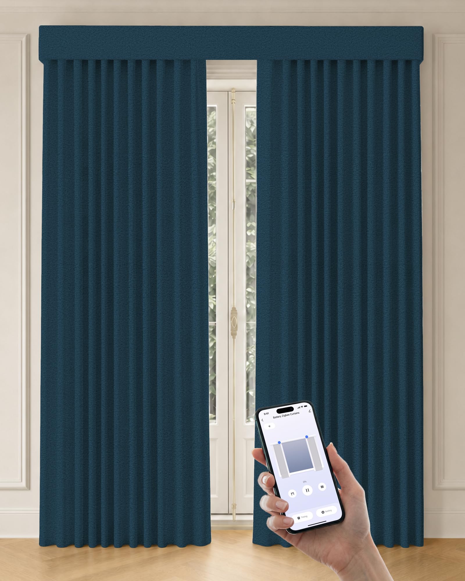Graywind Motorized Curtains with Track, Room Darkening Smart Curtains, Rechargeable Curtains Compatible with Alexa &amp; Remote Control for Large Windows, Custom Drapes Up to 220", Echo (Navy)