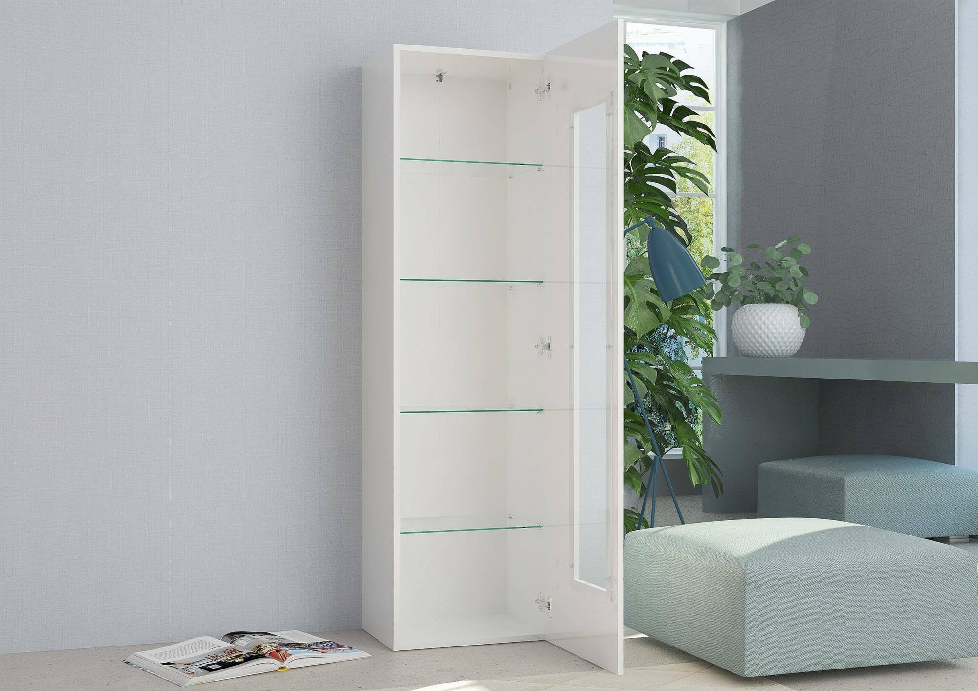 Dmora - Vetrina Mimmo, Credenza con anta a vetro, Mobile da soggiorno multiuso, 100% Made in Italy, cm 45x34h162, Bianco lucido