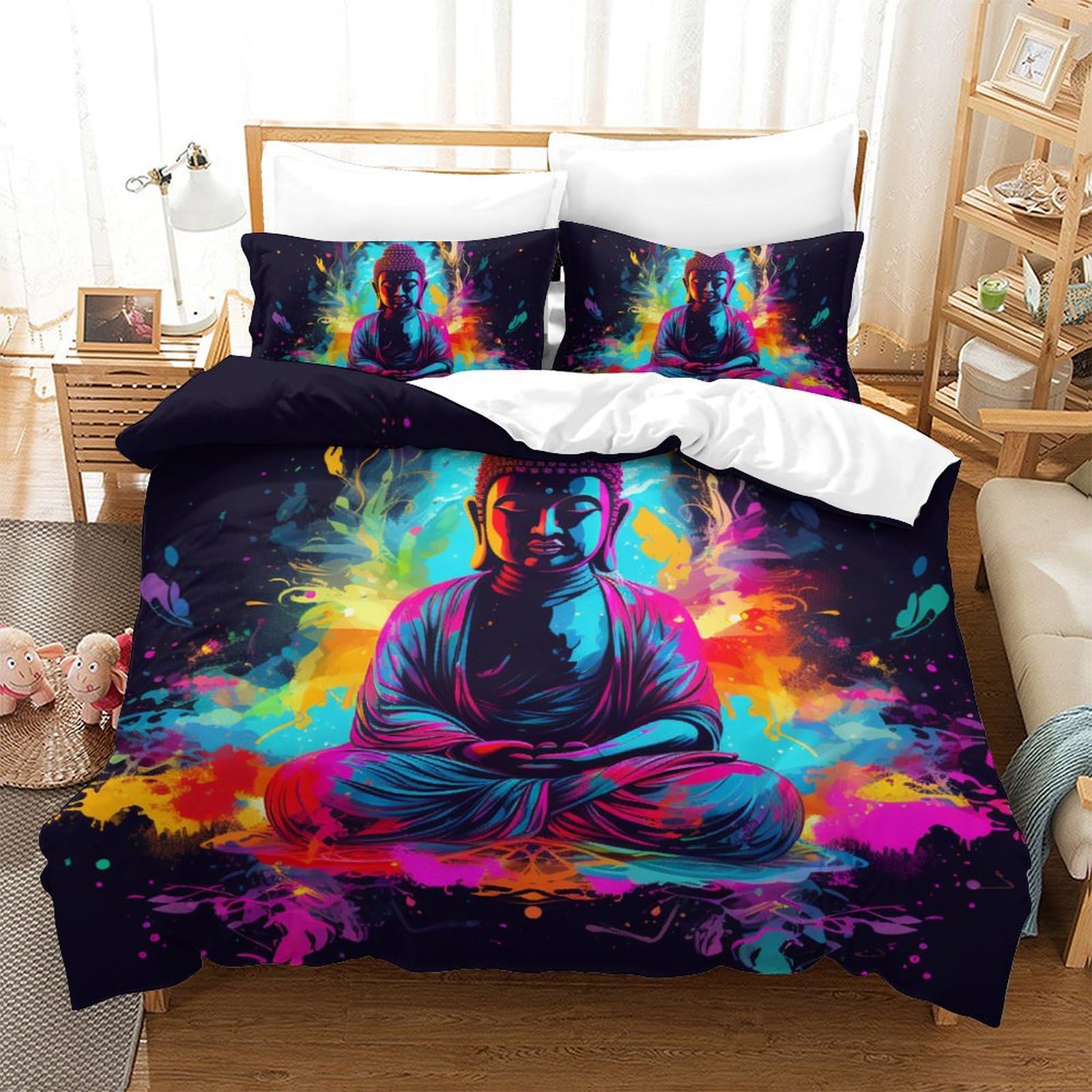 Housse de couette Bouddha 3D 200x200cm avec 2 taies d'oreiller en microfibre douce pour lit double