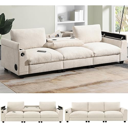 Merax 96" Chenille Sofa Recliner with Cup Holders, USB Charger & Bluetooth Speaker, 3 Seat Convertible to Loveseat Cloud Couches, Theater Double Seating W/Drop Down Table & Storage Armrest, Beige