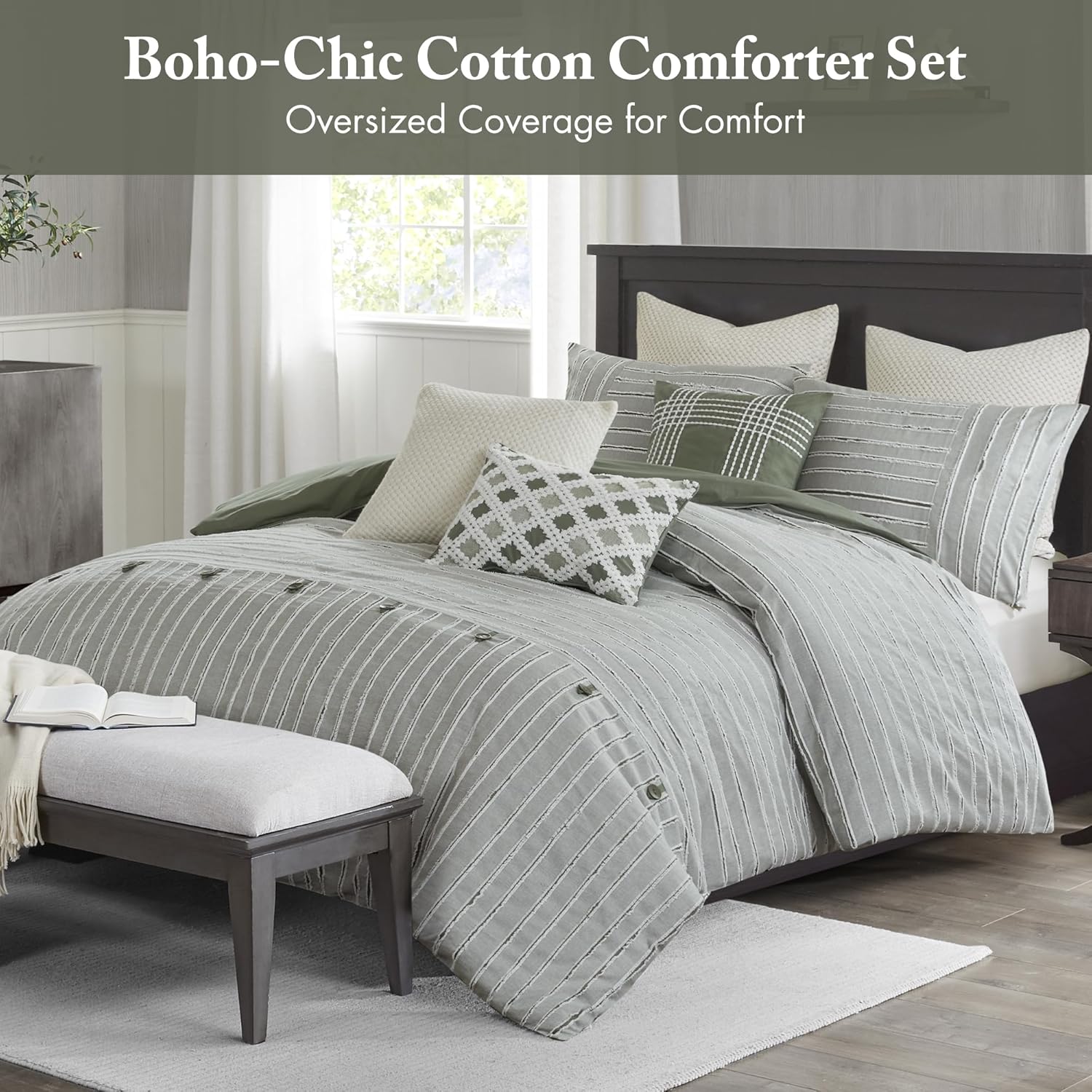 madison park comforter set cotton clipped jacquard, oversized comforters, all season down alternative overfilled king size comforter, essence, green 9 piece green king