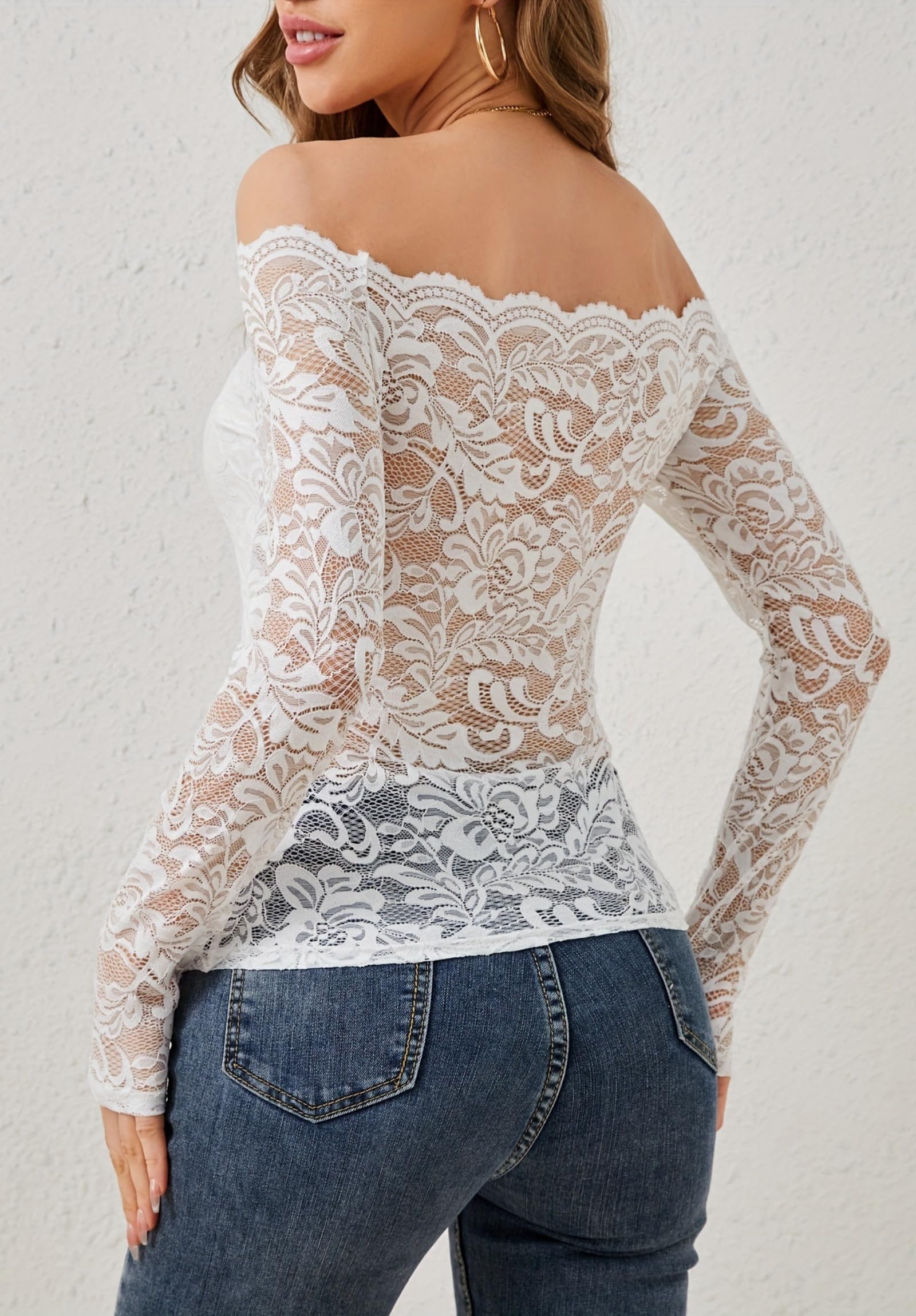 Top da Donna con Spalle Scoperte, in Pizzo con Motivo Floreale in Rete, Maniche Lunghe