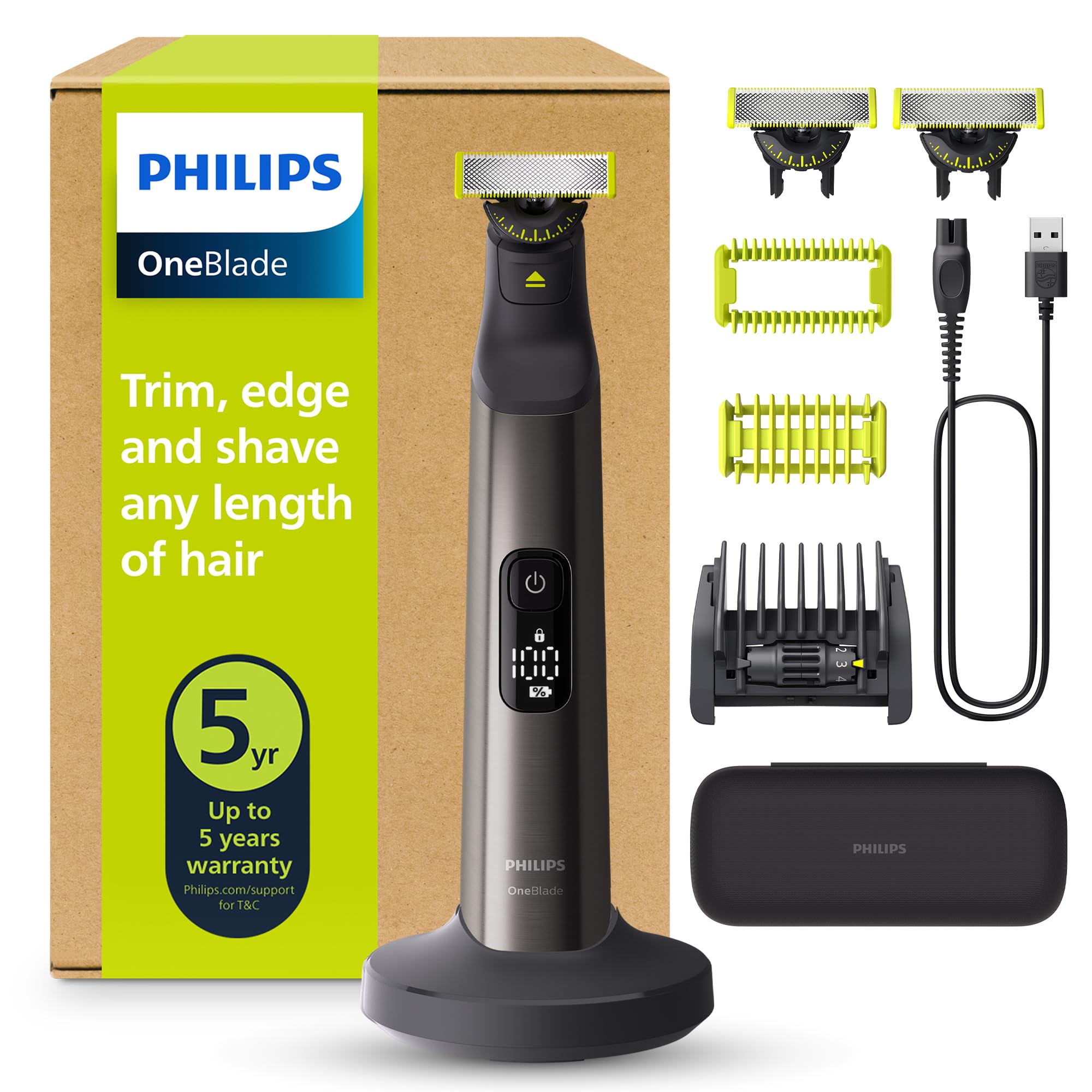PhilipsOneBlade Pro 360 Authentic Face & Body Electric Beard Trimmer, Shaver and Bodygroomer, 3X 360 Blade, 1x 20-Length Comb, 1x Body Kit, 1x Charging Stand, 1x Travel case, QP6652/35