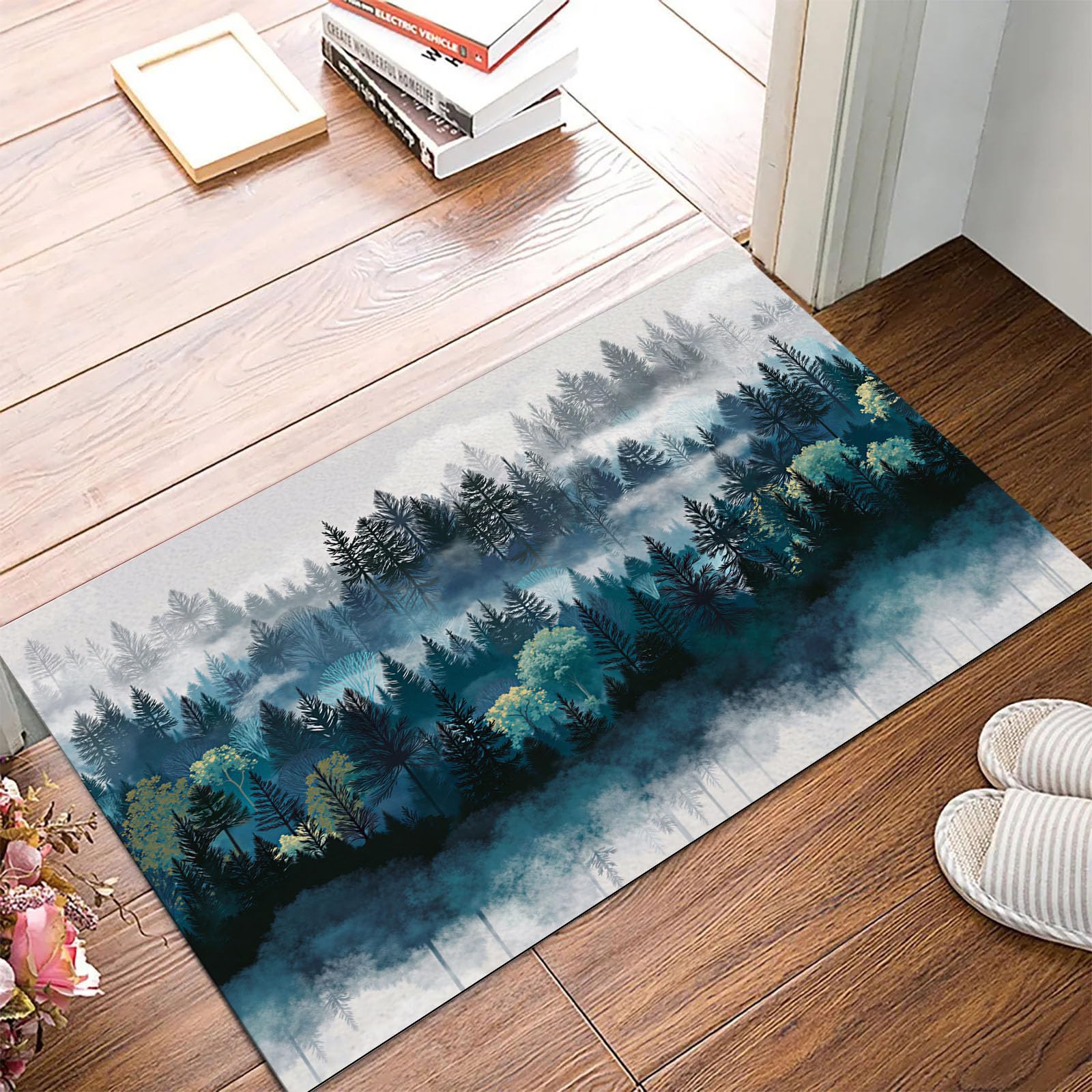 Fußmatte Schmutzfangmatte Innen mit Weißer Nebliger Tannenwald, rutschfeste waschbare Fußmatte, Ruhiger Wald Eingangstürmatte mit wasserabsorbierenden Eigenschaften - 80x120cm