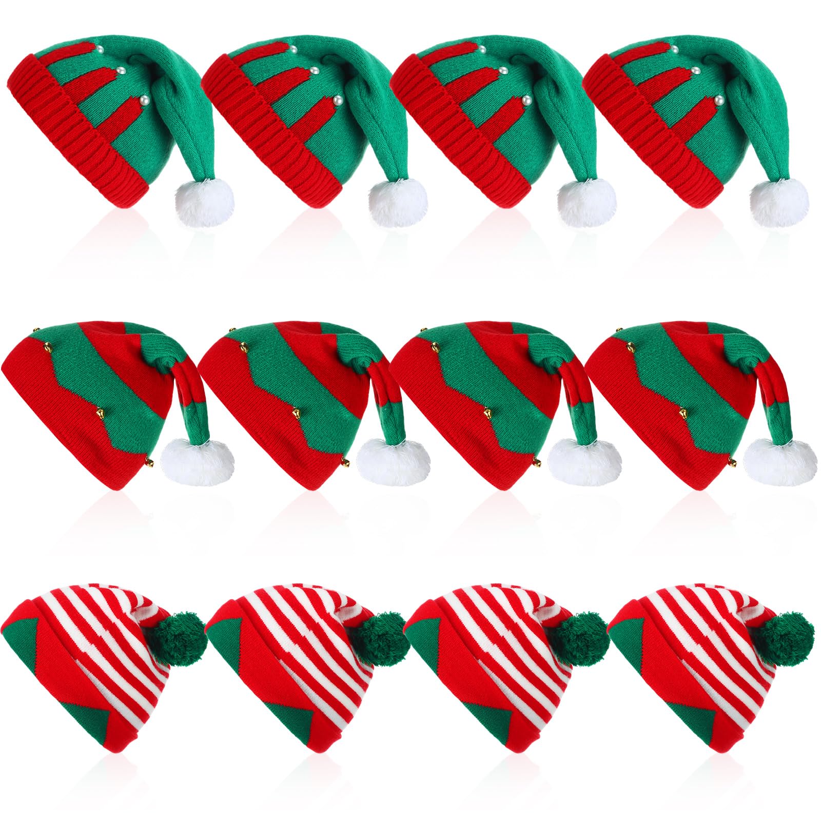 Photo 1 of Berlune 12 Pcs Christmas Elf Hats for Adult Knitted Beanie Hat Winter Warm Santa Knit Hat Xmas Striped Holiday Beanies Cap for Women Men Christmas Party New Year's Gift