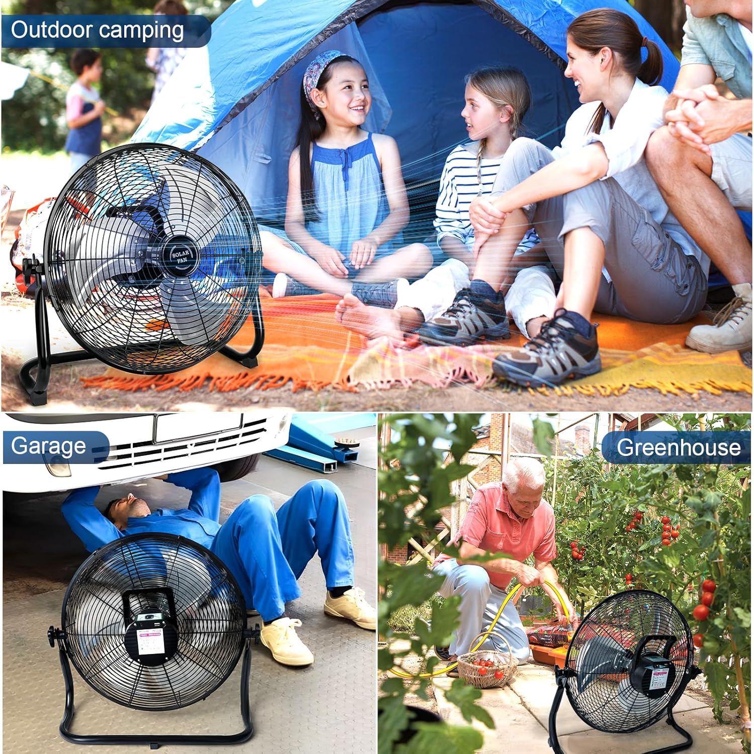 16'' Solar Powered Fan with 30W Solar Panel, Portable 20000mAh Battery Operated Outdoor Floor Fan for Camping, Home, Patio, Worksite - Stepless Speed, Metal Construction and Aluminum Blades