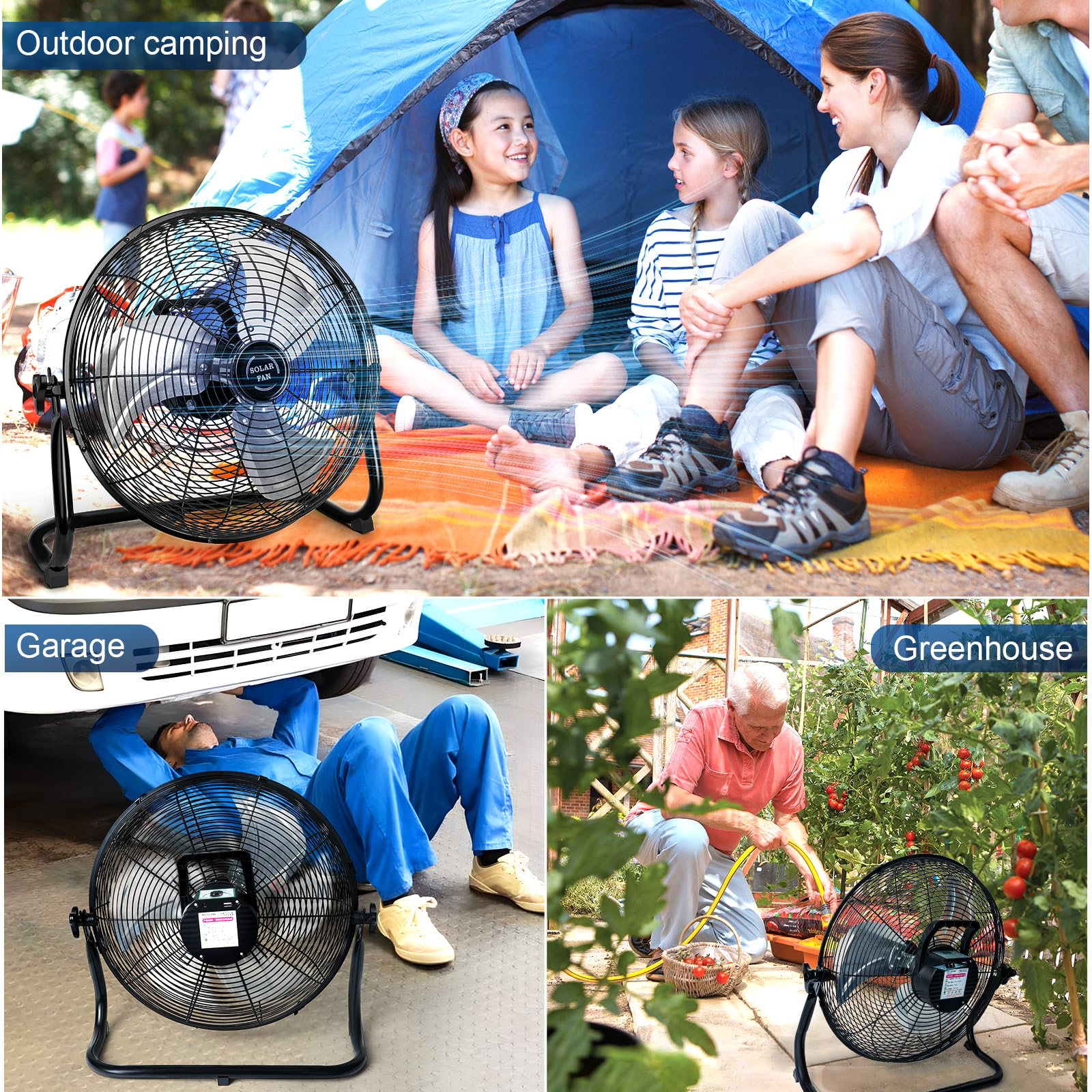Ventilatore a energia solare da 40,6 cm con pannello solare da 30 W, portatile da 20000 mAh, a batteria, per campeggio, casa, patio, cantiere, velocità continua, struttura in metallo e lame in