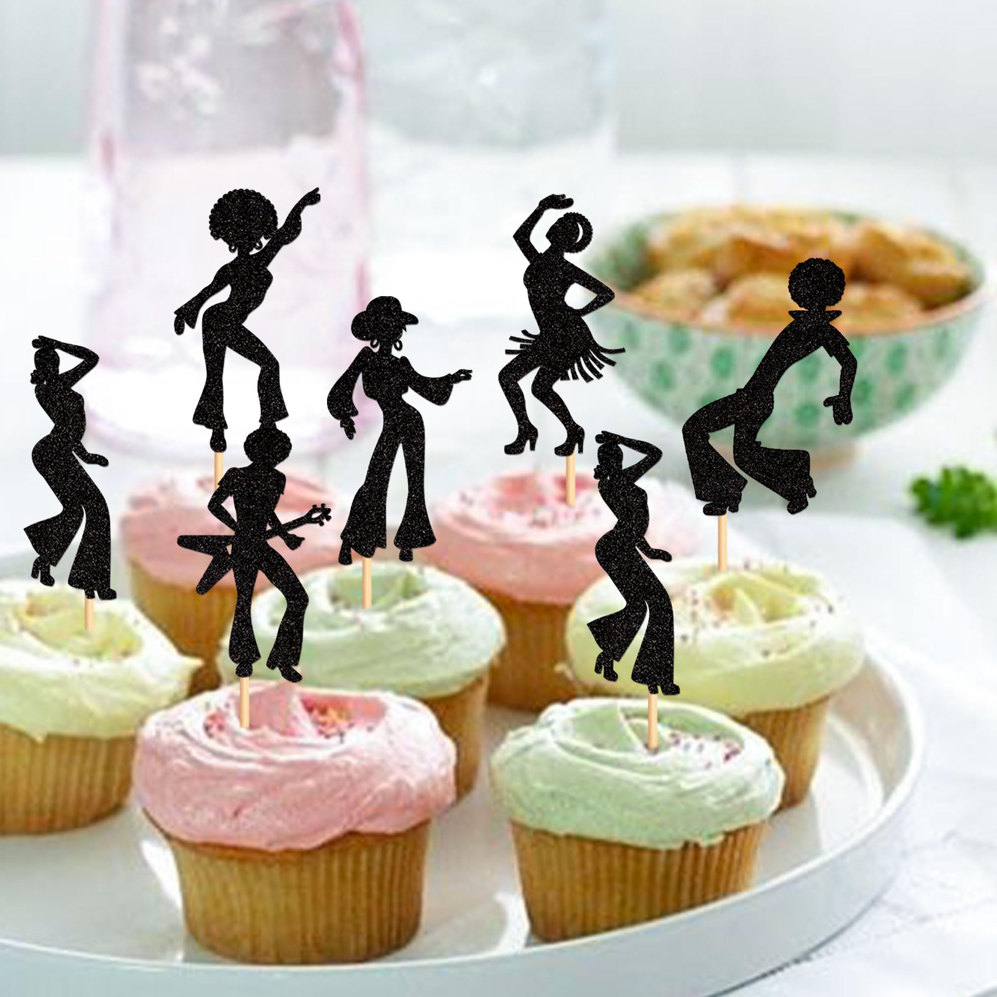 24 Adornos Negros Para Cupcakes De Discoteca Con Purpurina De Los Años 70, Selecciones De Cupcakes De Baile De Discoteca, Decoraciones De Pasteles Para Temática Musical, Suministros De Boda Y Fiesta