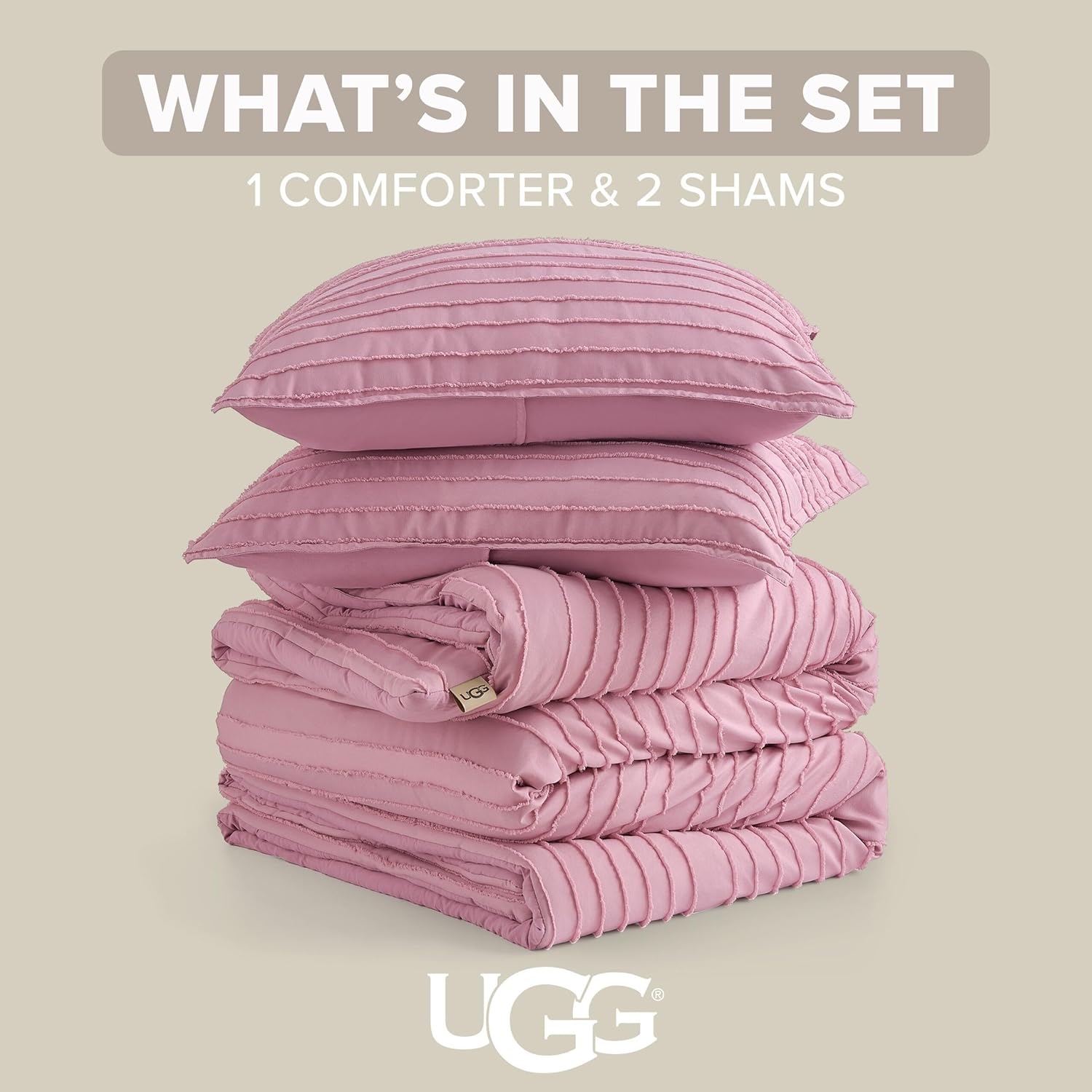 UGG Textured Queen Comforter Set - 3 Piece Striped Reversible Queen Bedding Set with Down Alternative Fill, Stylish Soft & Luxurious Bed Comforter Set, Pink Dusty Orchid (Devon)