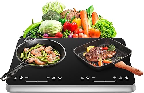 COOKTRON Quemador de placa de inducción doble portátil con modo de calentamiento rápido 10 temperaturas 9 ajustes de potencia cocina de inducción
