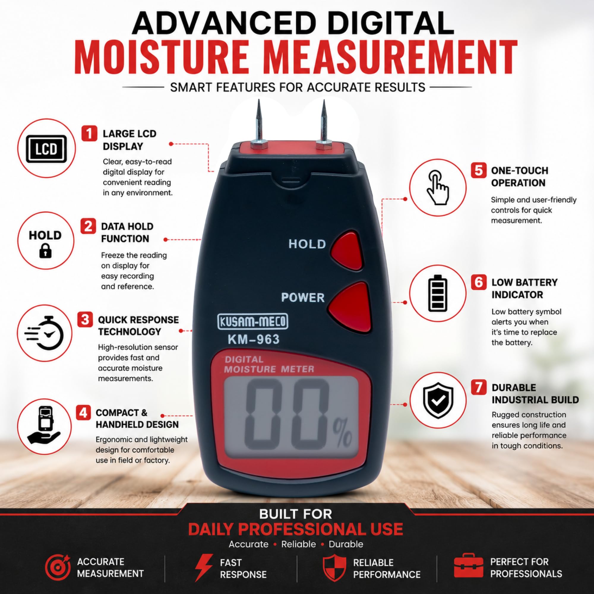 Kusam Meco KM 963 Digital Wood Moisture Meter with 1 Year Warranty | 5% to 40% Test Range | LCD Display | High Accuracy Moisture Tester for Wood Bamboo Plywood Veneer Timber 2