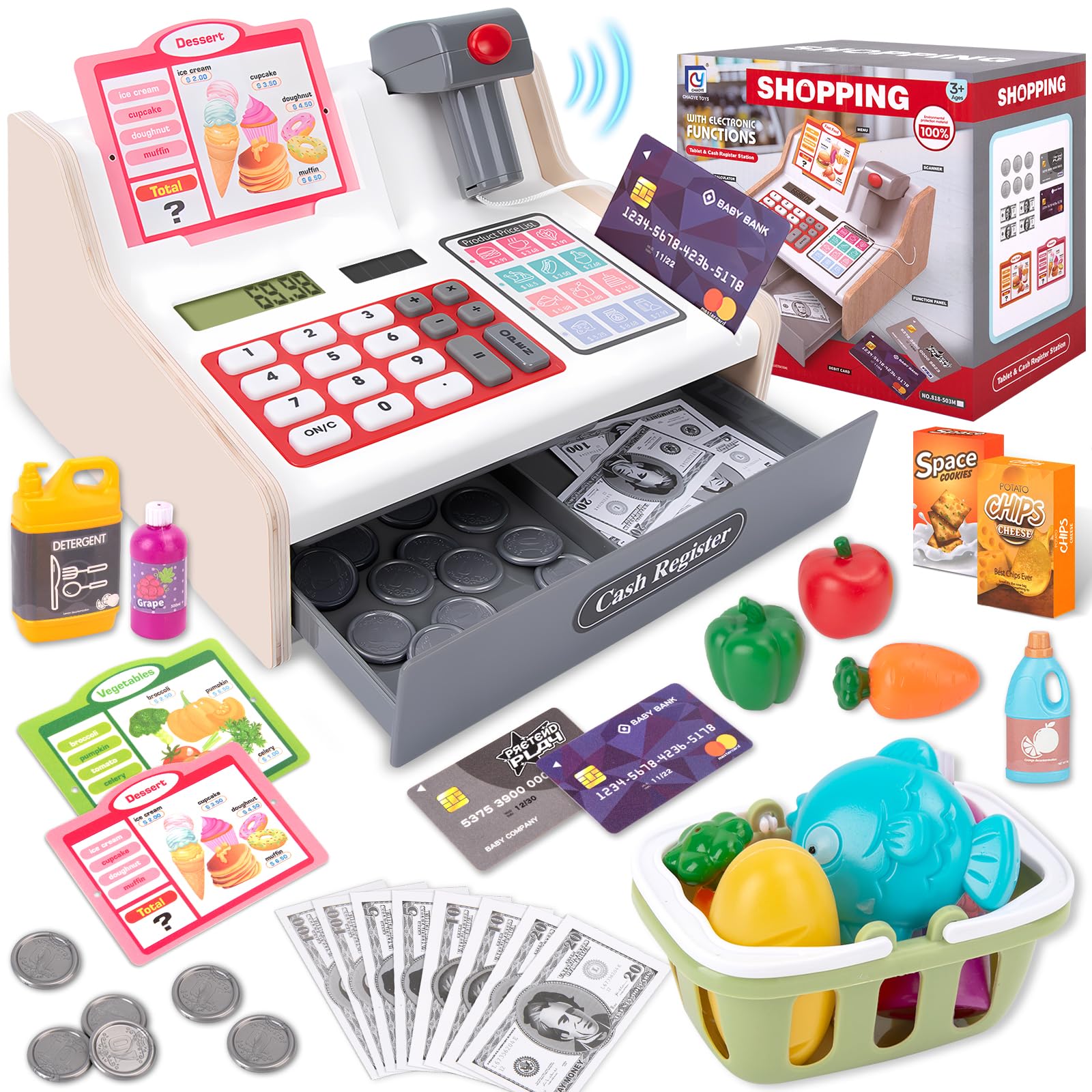 JONRRYIN Cassa Giocattolo in Legno per Bambini, Registratore di Cassa Giocattolo con Scanner e Suoni, Vera Calcolatrice, Soldi Finti, Carrello e Cibo, Cassa Supermercato per 3 4 5 6 Anni (Bianco)