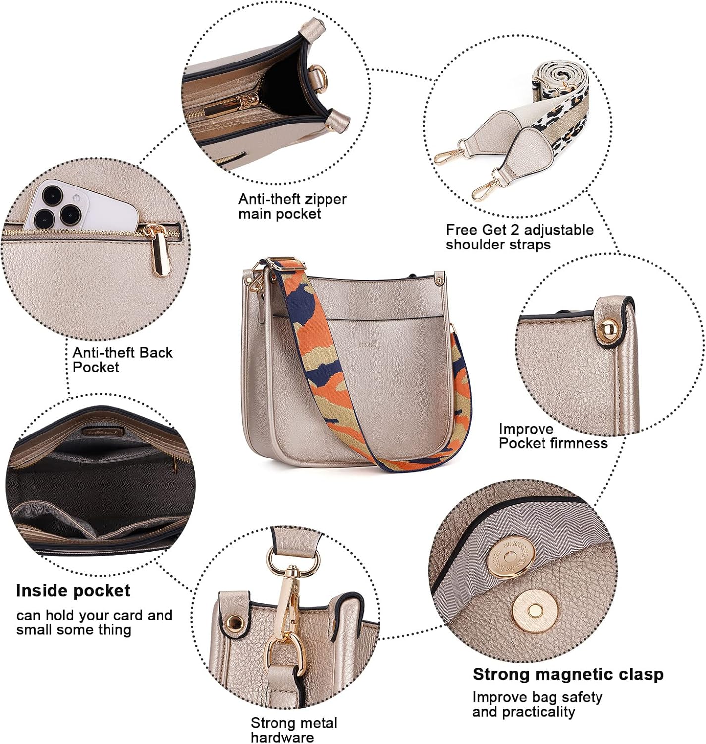 HKCLUF Crossbody Bags for Women Trendy Vegan Leather Hobo Handbags With 2PCS Adjustable Guitar Strap Shoulder Bucket Bags - Image 6