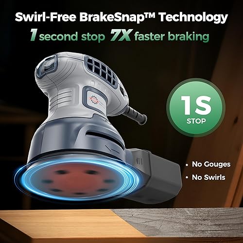 Miniatura 2 de Lijadora orbital aleatoria de 5 pulgadas con freno, lijadora de palma eléctrica de 3.0 amperios, 6 velocidades variables, lijadora eléctrica de