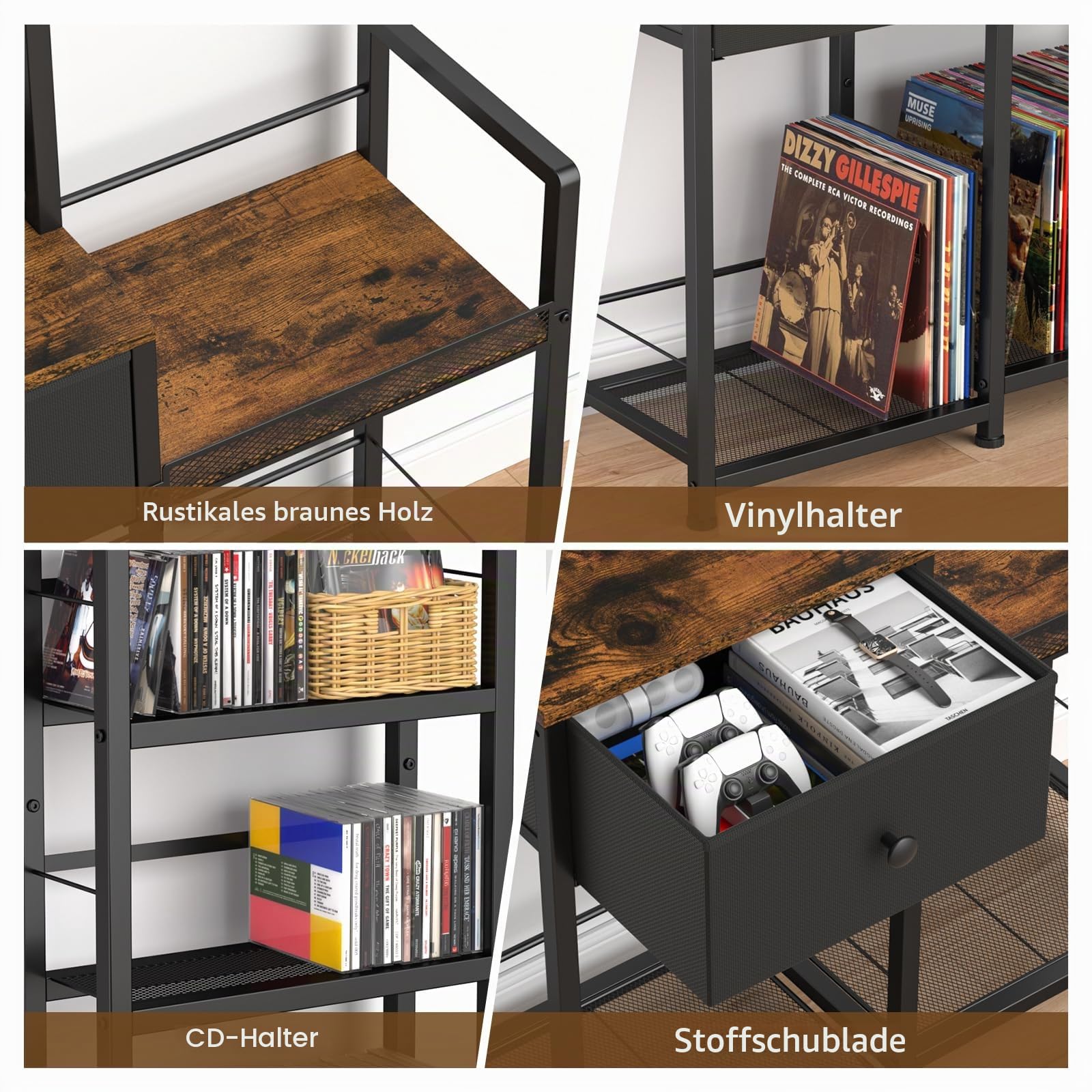 ikkle CD-Regal mit Schallplatten Regal – 7 Stufen DVD Regal mit Schublade & Plattenspielerständer, für 150 DVDs oder 300 CDs, 75 Schallplatten, Bücher, CD-Ständer für Wohnzimmer, Schlafzimmer & Büro