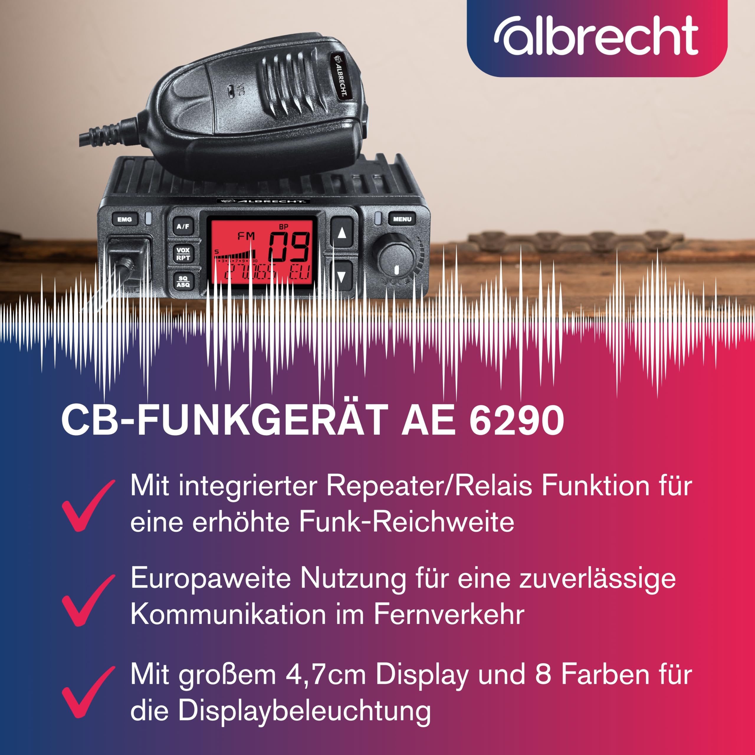 Albrecht AE6290 CB Funkgerät, 12629, mit integrierter Repeater/Relais Funktion, 12/24V, VOX, RJ-45 Westernstecker Schwarz