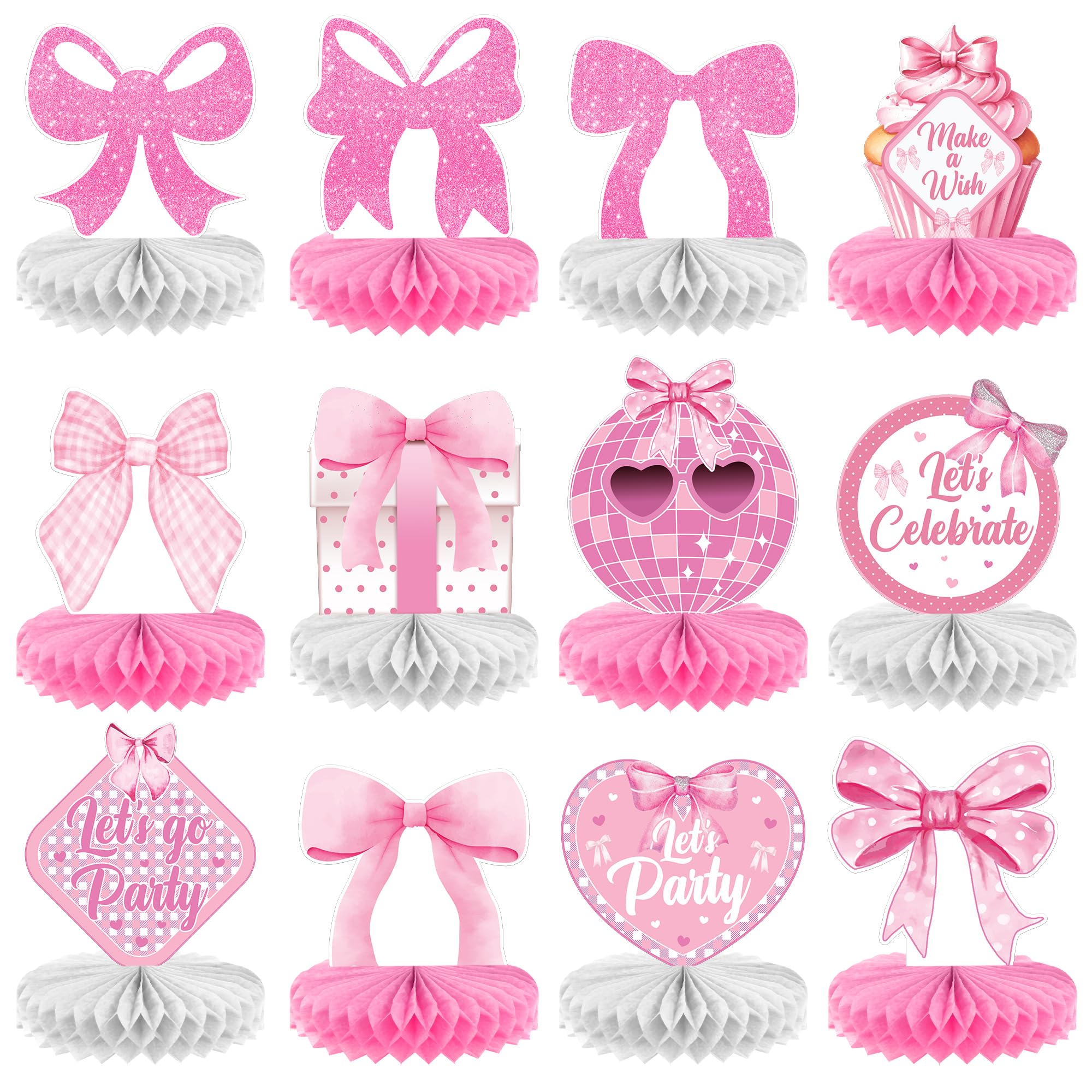 KatchOn, Pink Bow Party Honeycomb Centerpieces - Pack Of 12 | Coquette Birthday Decorations | Bow Table Centerpieces for Valentines Day Decorations |