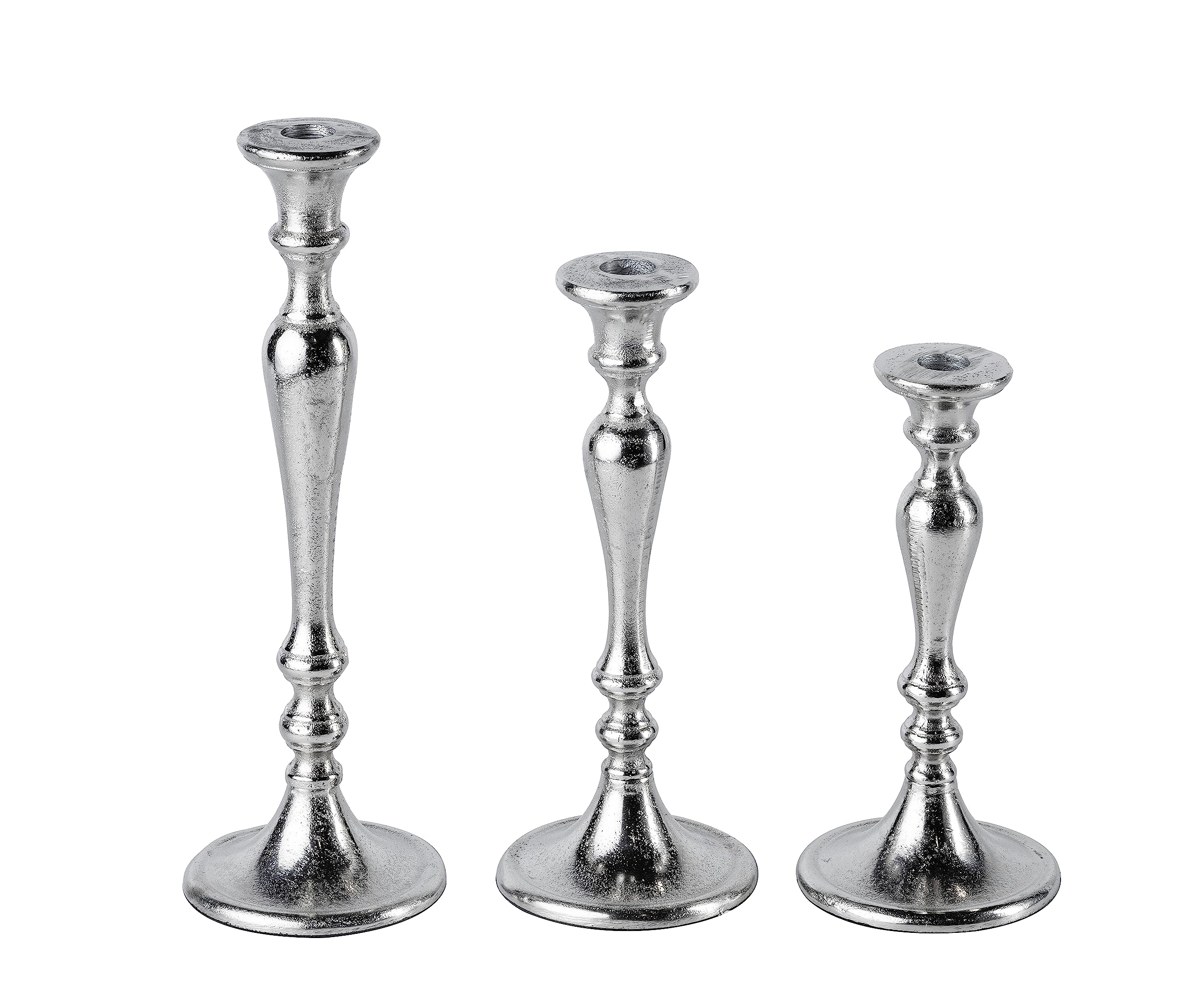 3er Set Kerzenständer Kerzenhalter Aluminium Silber Deko - Kerzenleuchter Modern für Stabkerzen - Tischdeko Hochzeit - Dekoration Wohnzimmer - H 23, 28 und 33 cm