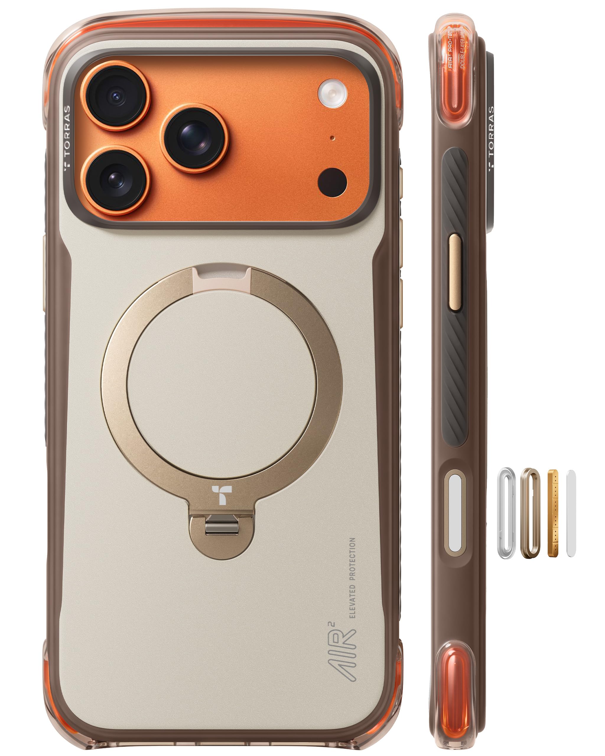 TORRAS Ostand Q3 Air Pro for iPhone 17 Pro Max Case, Dual Airbag Drop Protection, 360° Rotating Magnetic Stand, Compatible with MagSafe, Shockproof Bumper Back Cover, Brown