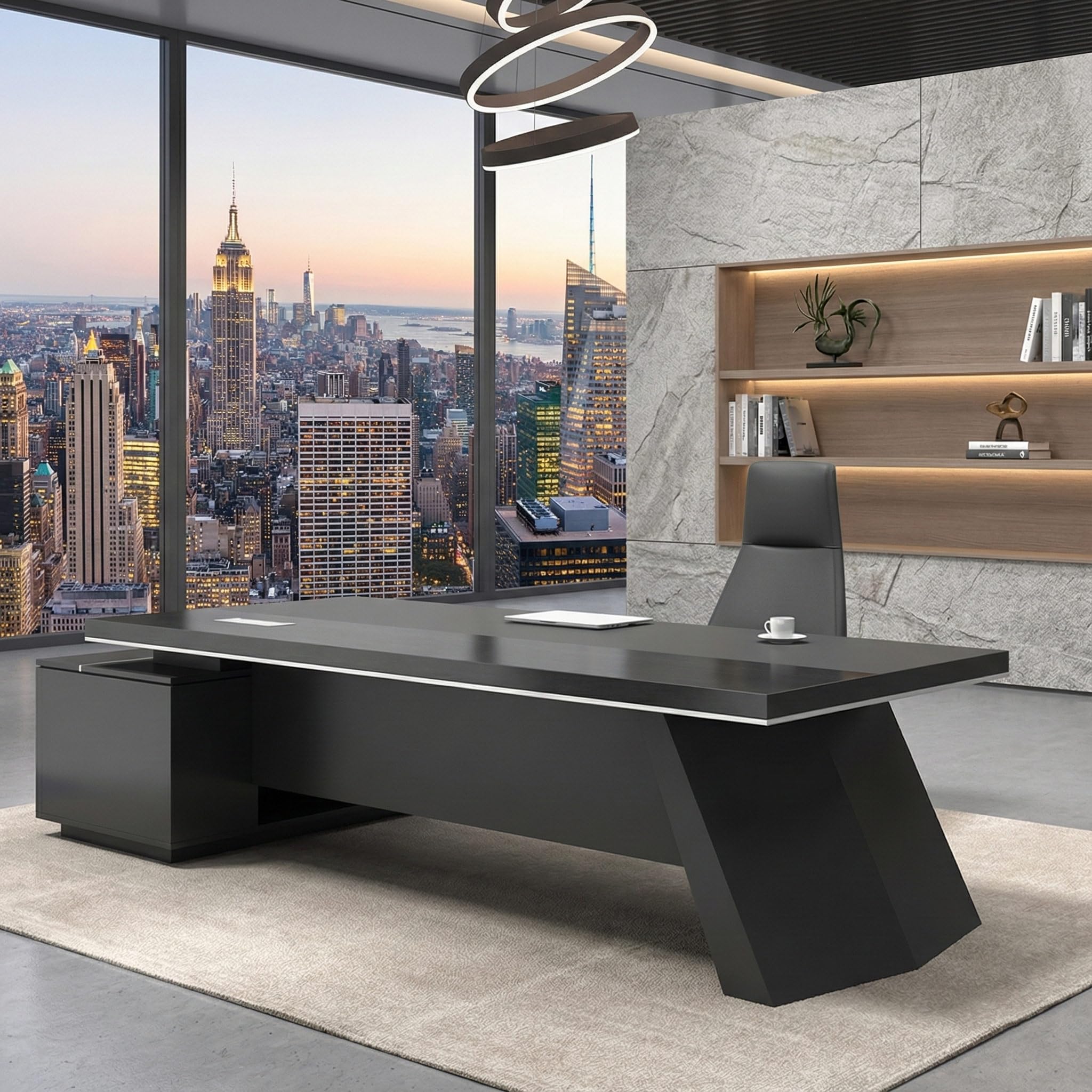 MENGDIDI L Shaped Executive Desk, Modern Large Executive Office Desk with Drawers, Black Wood Gaming Table Thicker Desktop Business Furniture for Home