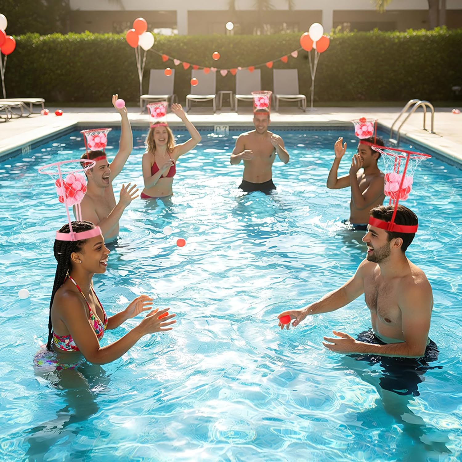 Soulchen 6 Sets Valentine's Day Game Head Hoop Basketball Party Game Adjustable Basket Net Headband with Balls for Indoor Outdoor Basketball Senior Night