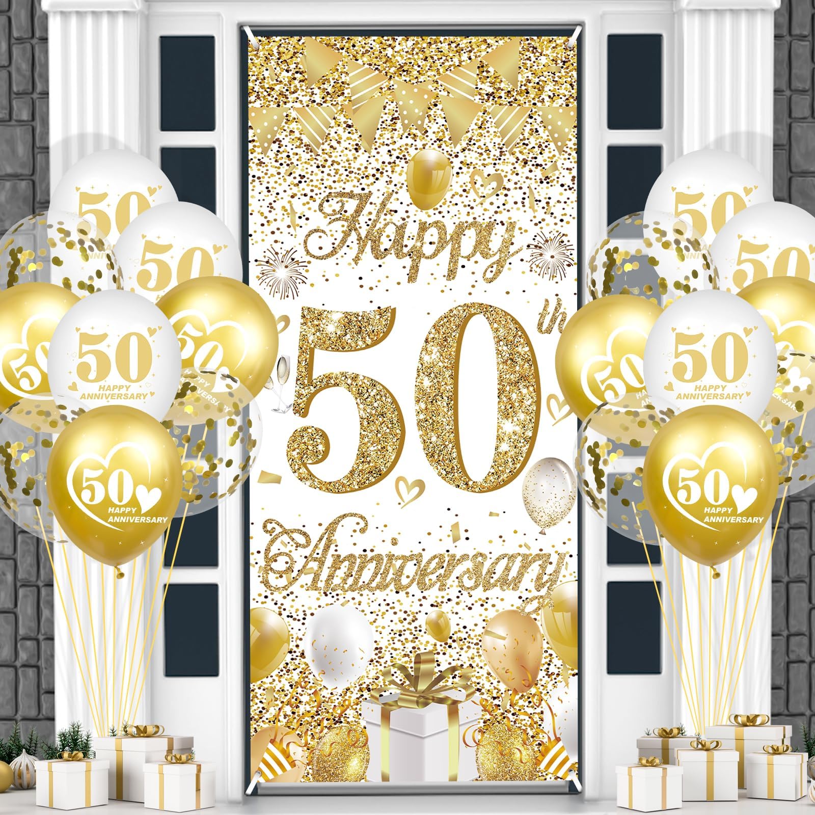 50th Anniversary Party Decorations, White Gold Happy 50th Anniversary Door Banner and 18pcs White Golden Balloons for Men Women Golden Wedding Party Supplies