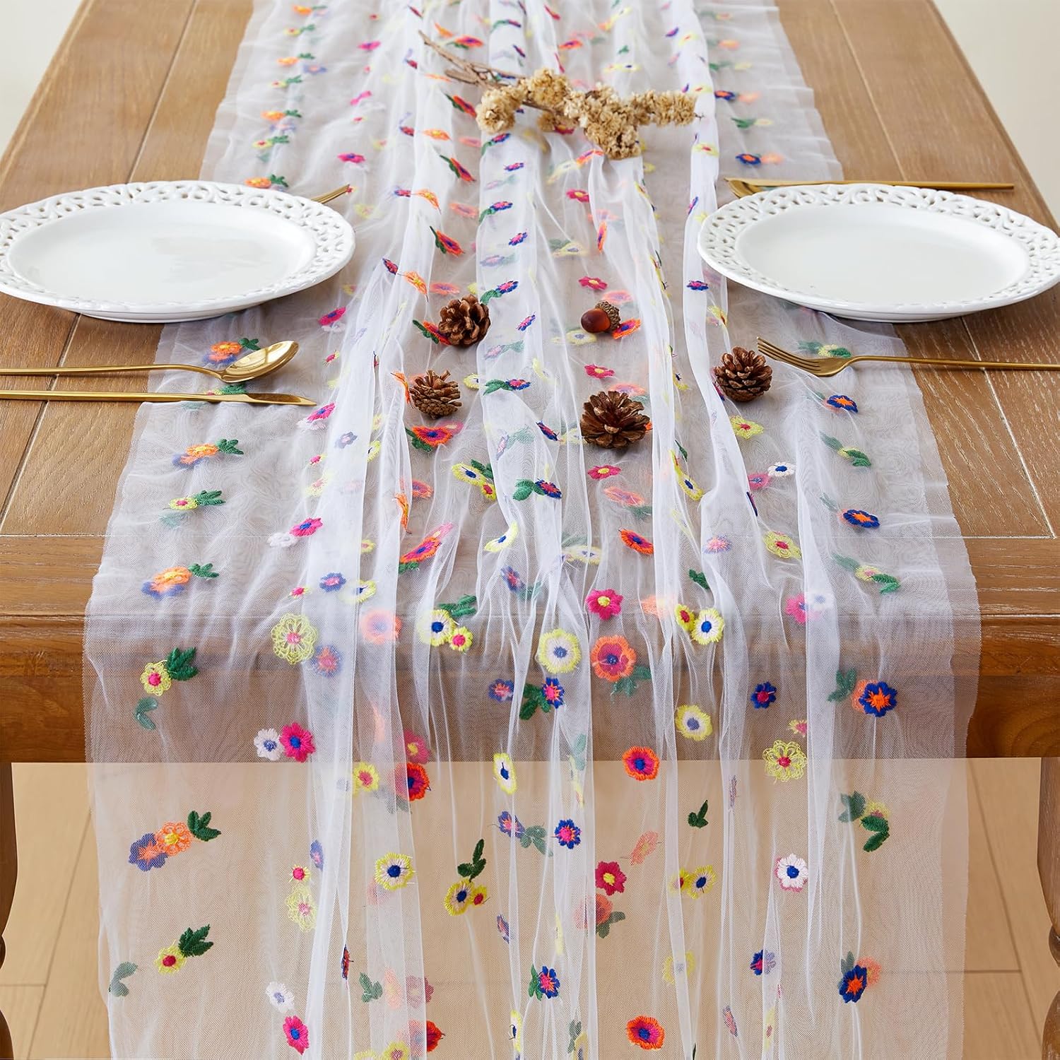 JIALE 3 Pack Ivory Floral Table Runner, Embroidery Daisy Seasonal Table Decorations, 120Inch 10FT Tulle Fabric for Home Decor, Bridal Shower Wedding, Baby Shower Parties, DIY Craft