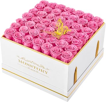 Mosstory Forever Flowers 49-Piece Preserved Roses in a Box Gifts for Her Women Wife Mother Day Christmas Anniversary Pink Roses, Square White Suede Box
