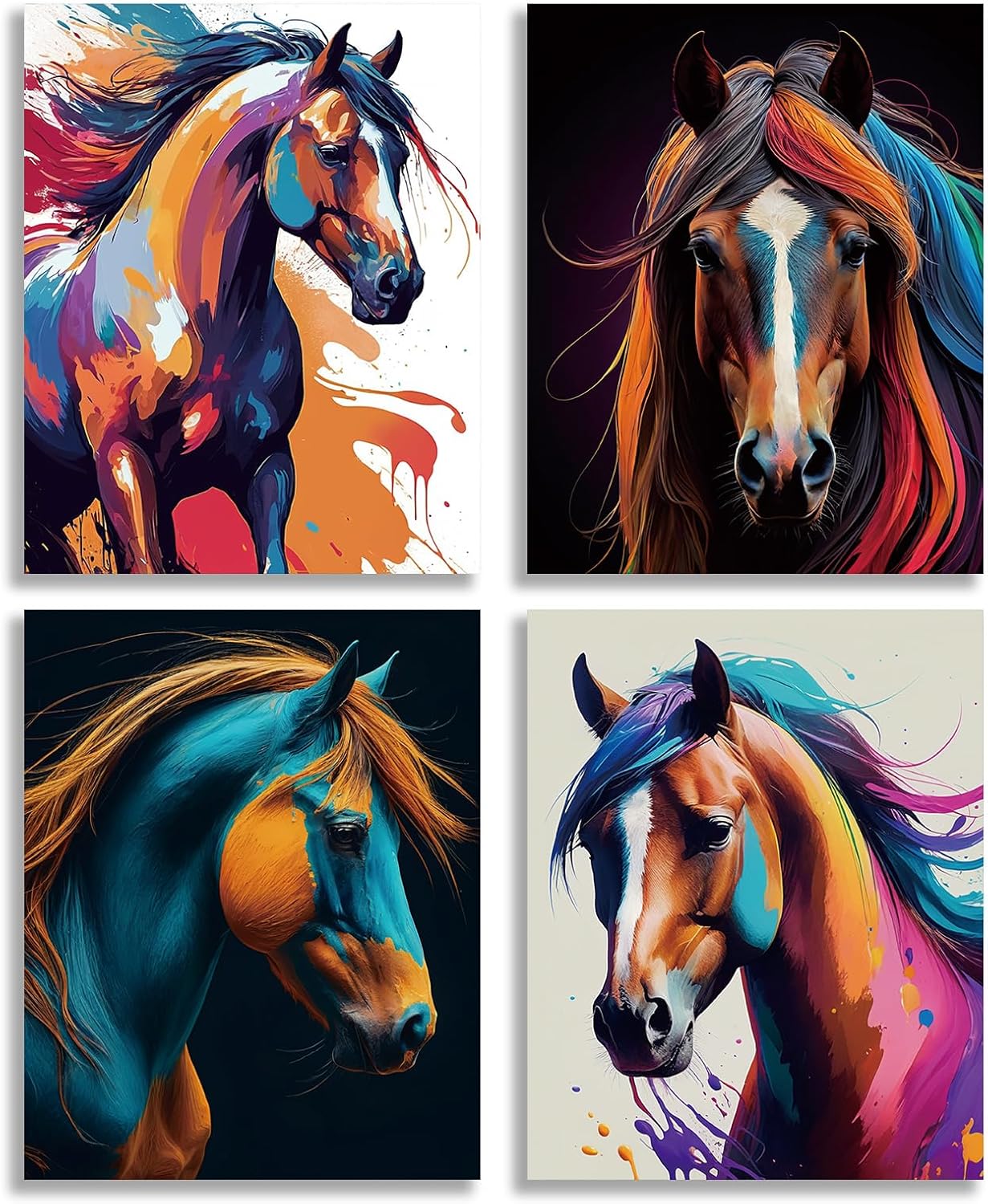 TOCDGOO Set of 4 Wild Horse Art Prints - Rustic Canvas Wall Decor for Home, Bathroom & Bedroom - Framed 8x10 Inch - Watercolor Animal Posters Collection