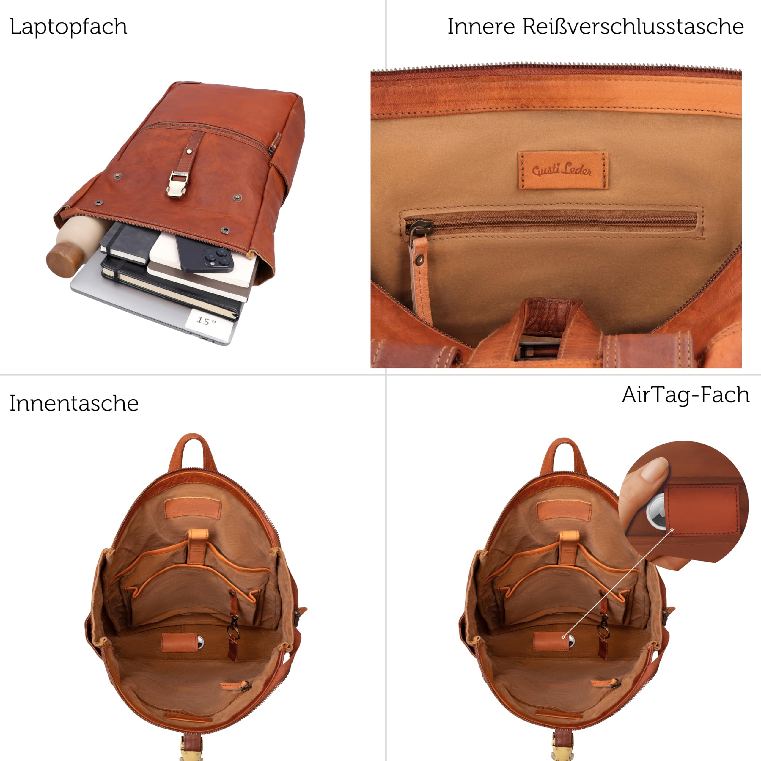 Gusti Leder Rucksack Odan - Rucksack mit vielen extra Fächern, Laptop- und Airtagfach