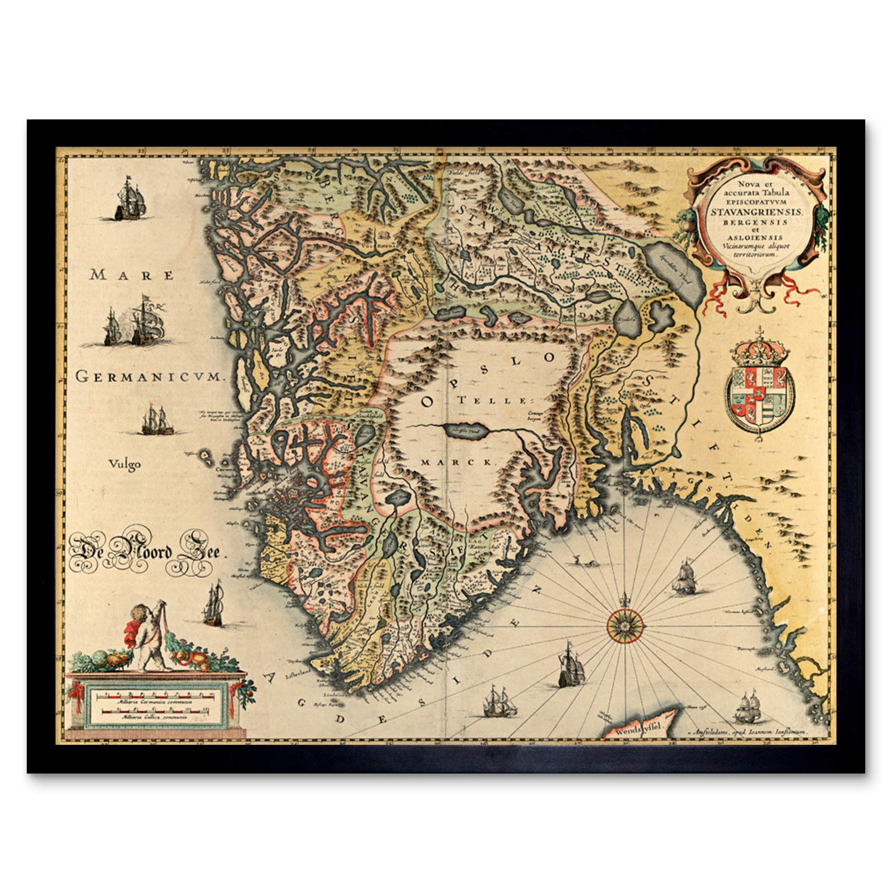 Map Janssonius 1644 South Norway Stavanger Bergen Art Print Framed Poster Wall Decor 12x16 inch