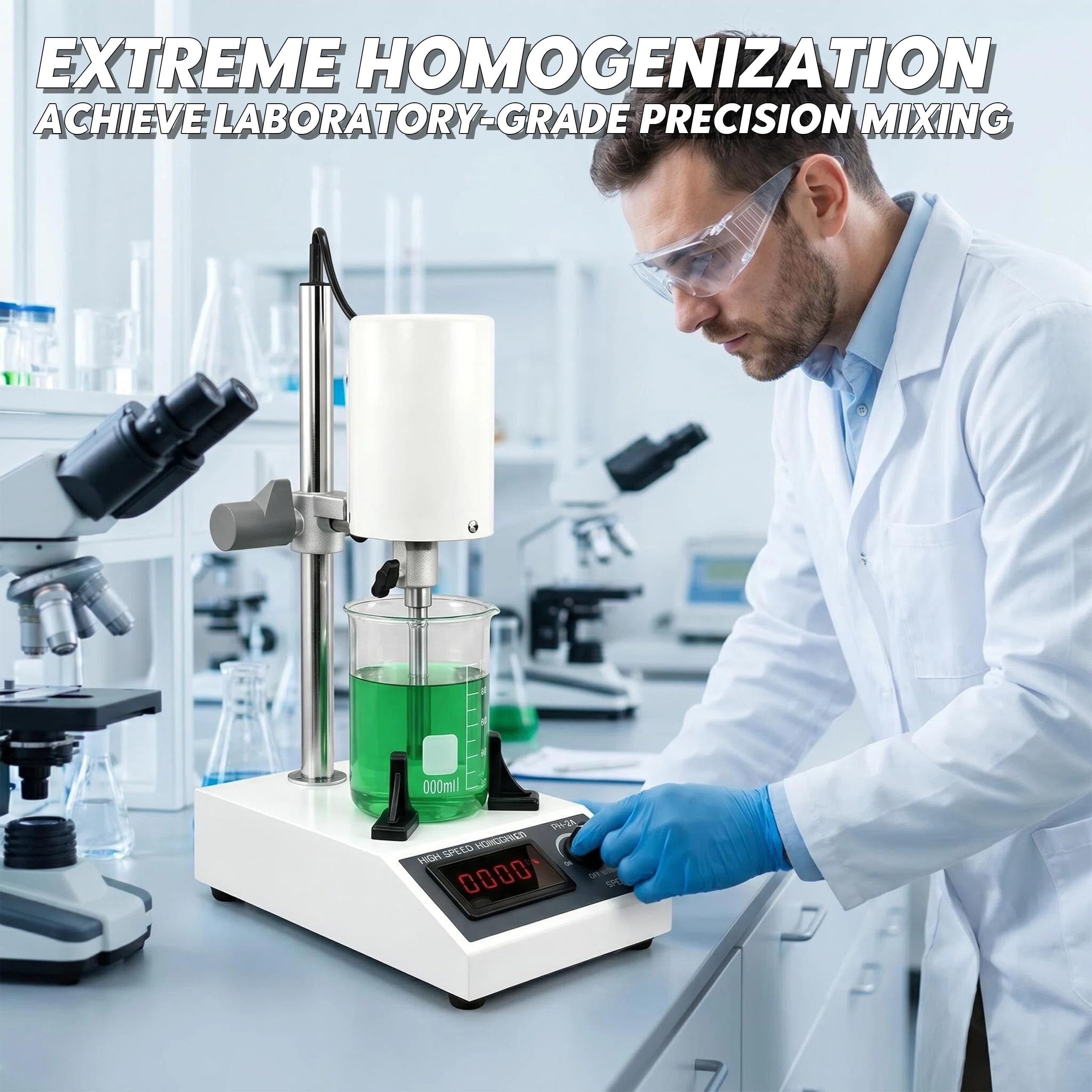 Hochgeschwindigkeits-Homogenisator 8000 bis 22000 U/min Einstellbar 5-1000ML Homogenizer mit 4 Messbecher Labor Emulgator mit Digitalanzeige für Medien Zelldispersion Kosmetik Lebensmittel