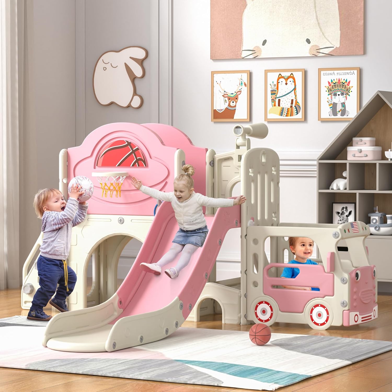 10 in 1 Toddler Slide, Bus-Themed Kids Slide and Climber Playset with Basketball Hoop, Ring-Toss, Car Playhouse, Telescope, Freestanding Indoor and Outdoor Playground for Baby Age 3+ - Image 2