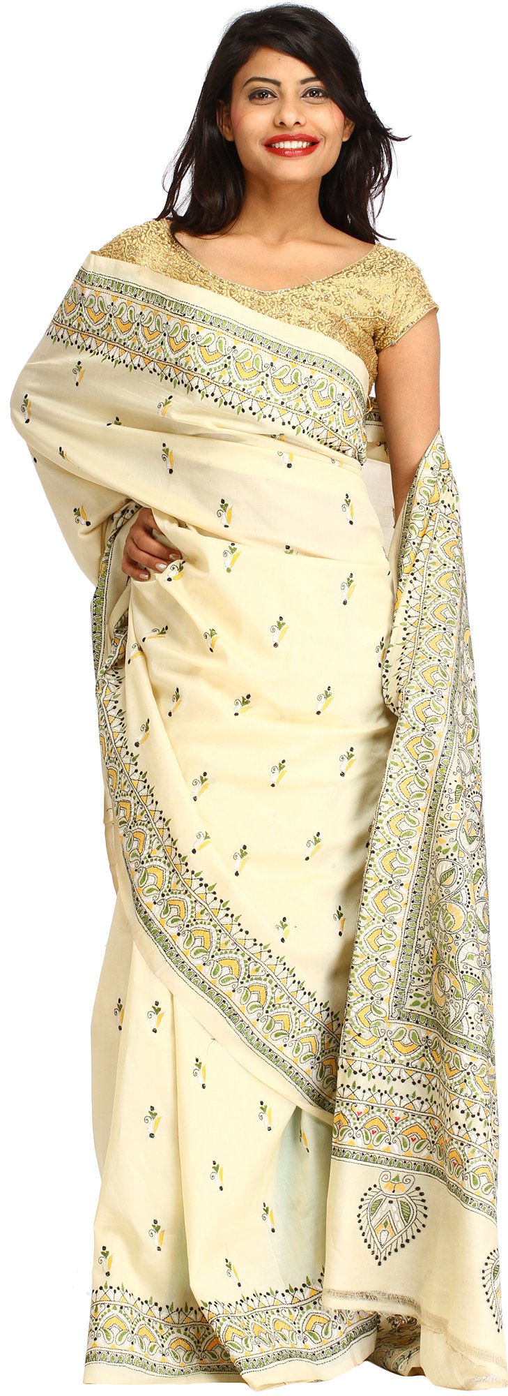 Exotic India Cream Kantha Hand-Embroidered Sari from Kolkata with Bootis