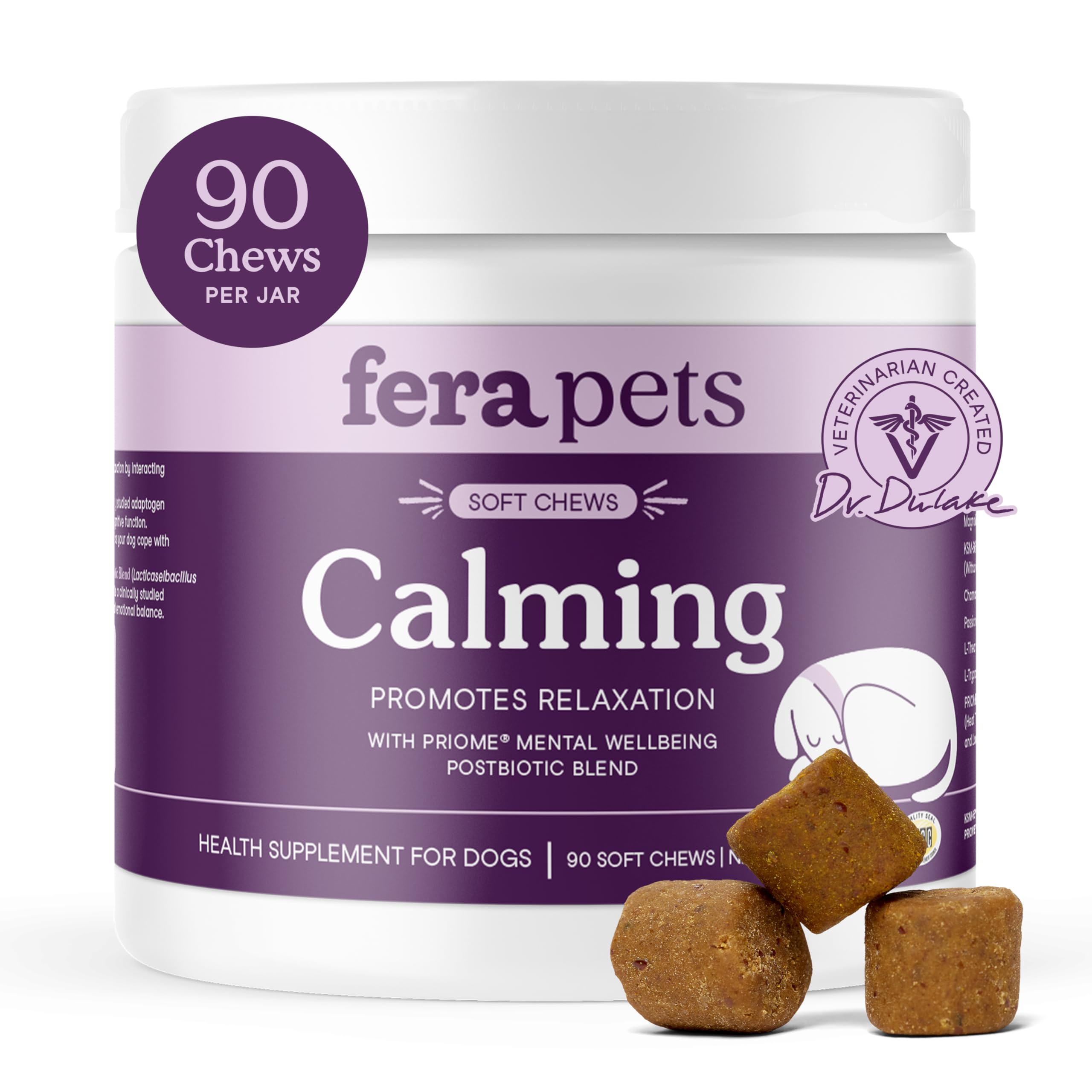 Fera Pets Dog Calming Chews - Helps Manage Everyday Stress & Separation - Promotes Relaxation - Ashwagandha & Priome® Mental Wellbeing Postbiotic Blend - 90 Soft Chews