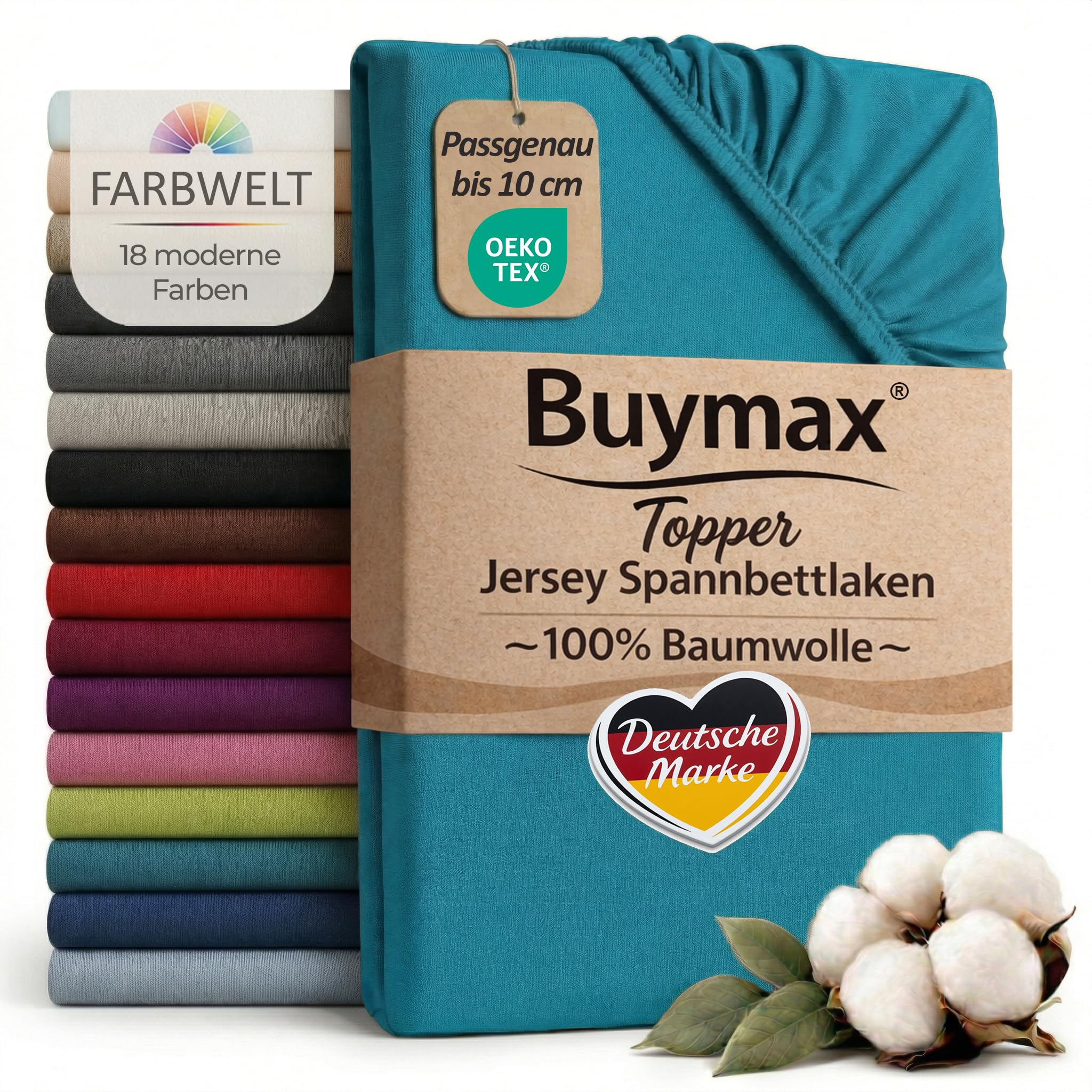 Buymax Jersey Topper Spannbettlaken aus 100% Baumwolle – Spannbetttuch für Topper bis 10 cm Höhe (18 cm Steg), atmungsaktiv, elastisch, Oeko-TEX
