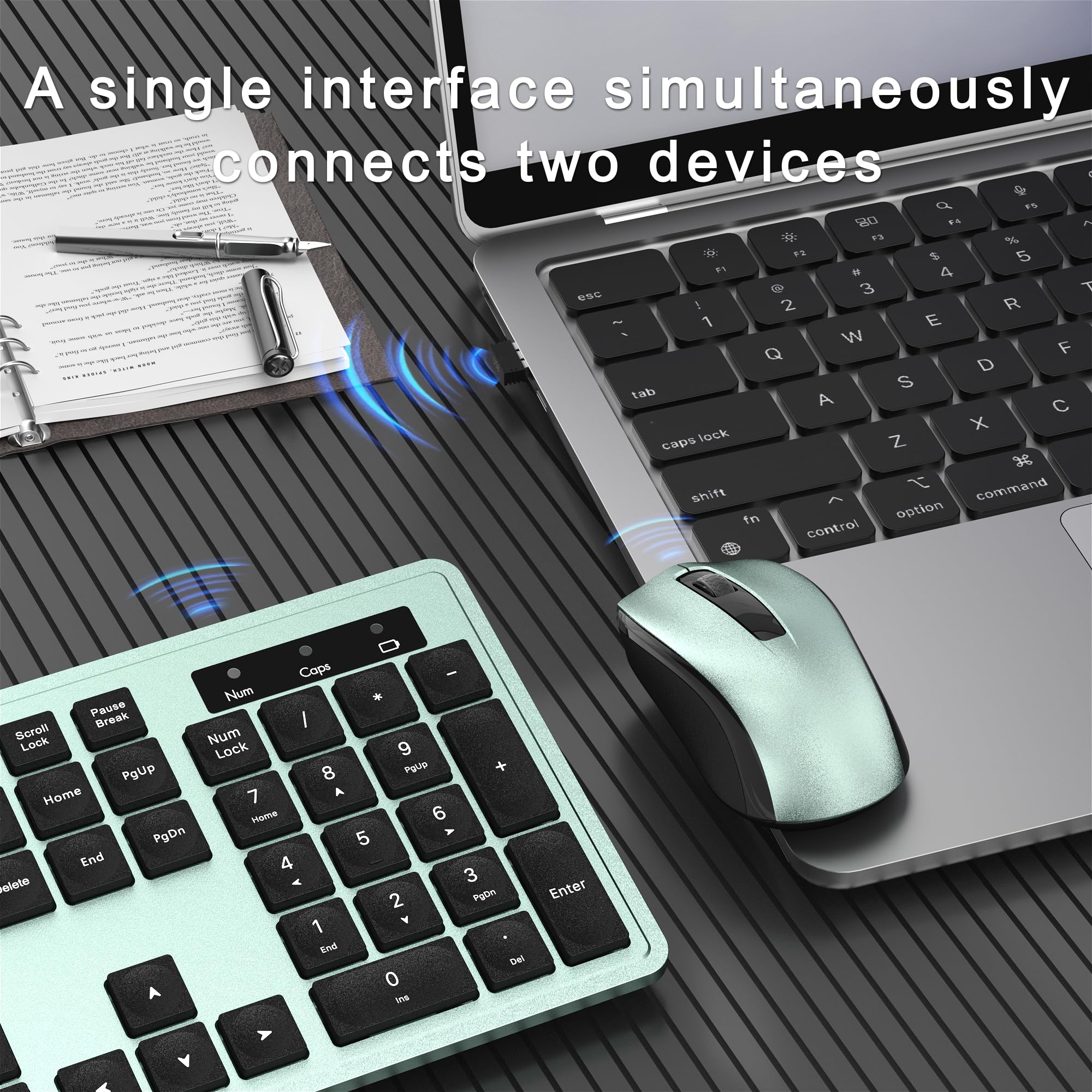 MPTOG Tastiera wireless e mouse combinata, tastiera da ufficio a 104 tasti con 15 tasti funzione, tastiera numerica, ricevitore USB singolo, compatibile con PC e laptop (verde)