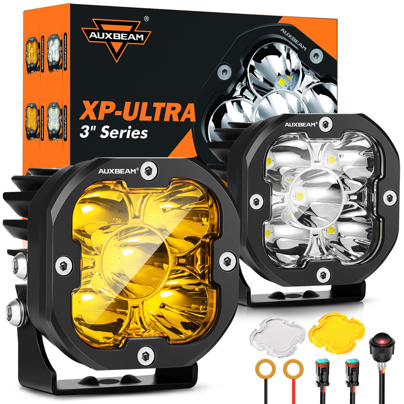 Auxbeam XP-Ultra Series Hyperspot LED Light Pods, 3Inch 80W 9600LM Dual Color Amber White Cube Offroad Lights, 30° Focused Spot Beam Light Bar Spotlight Off Road Fog Lights with Covers, Pair