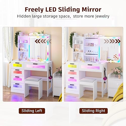 Miniatura 7 de FOMNEY Escritorio LED con espejo y luz, escritorio de maquillaje con estación de carga 3 en 1, juego de tocador con taburete tapizado, mesa de