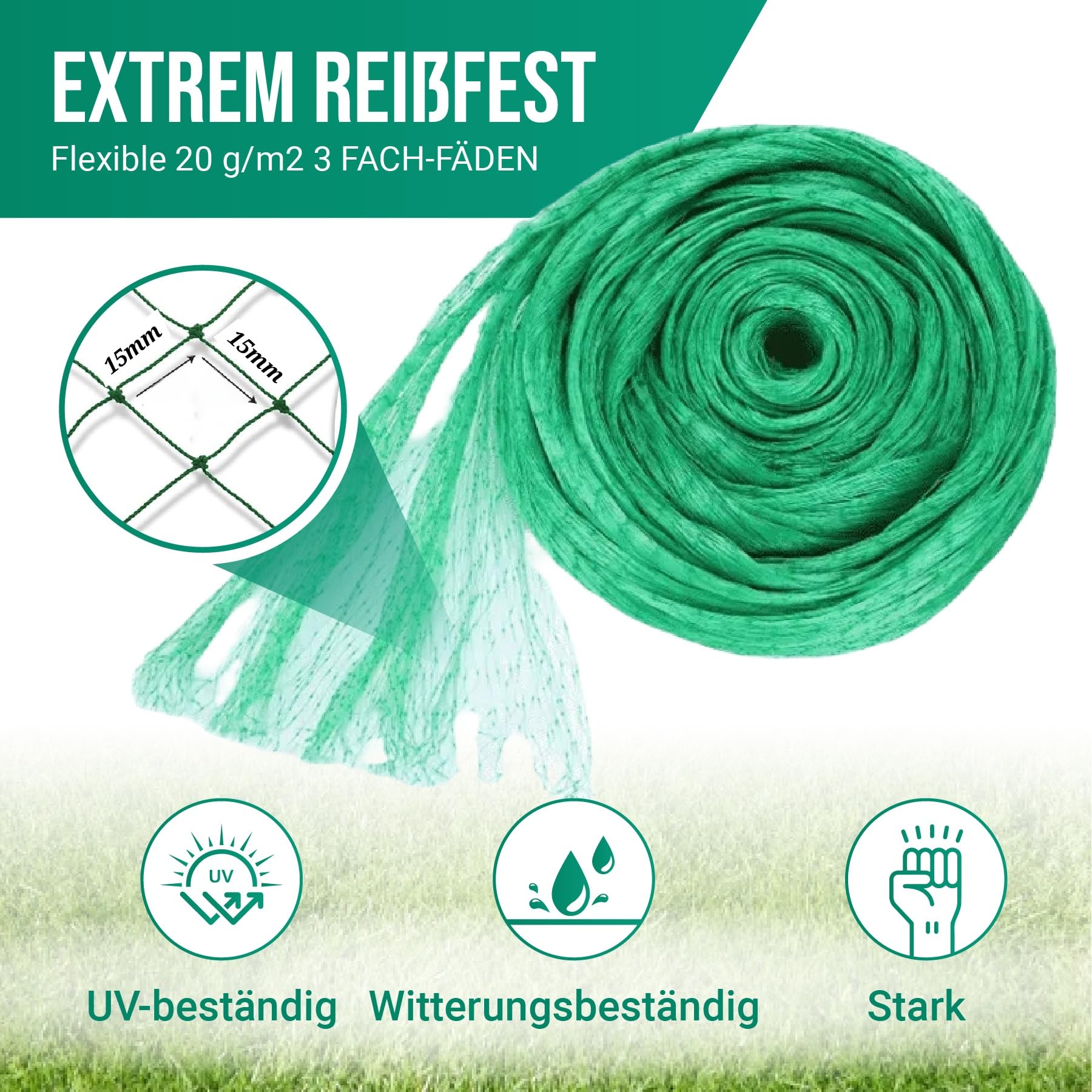 grünes Premium Nylon Vogelschutznetz 6x6m-Feinmaschiges (15x15mm) Teichnetz, Gartennetz, Langlebig, Wasserfest, UV und Wetterbeständig -Schutz vor Vögeln und Laub-Ideal für Obstbäume