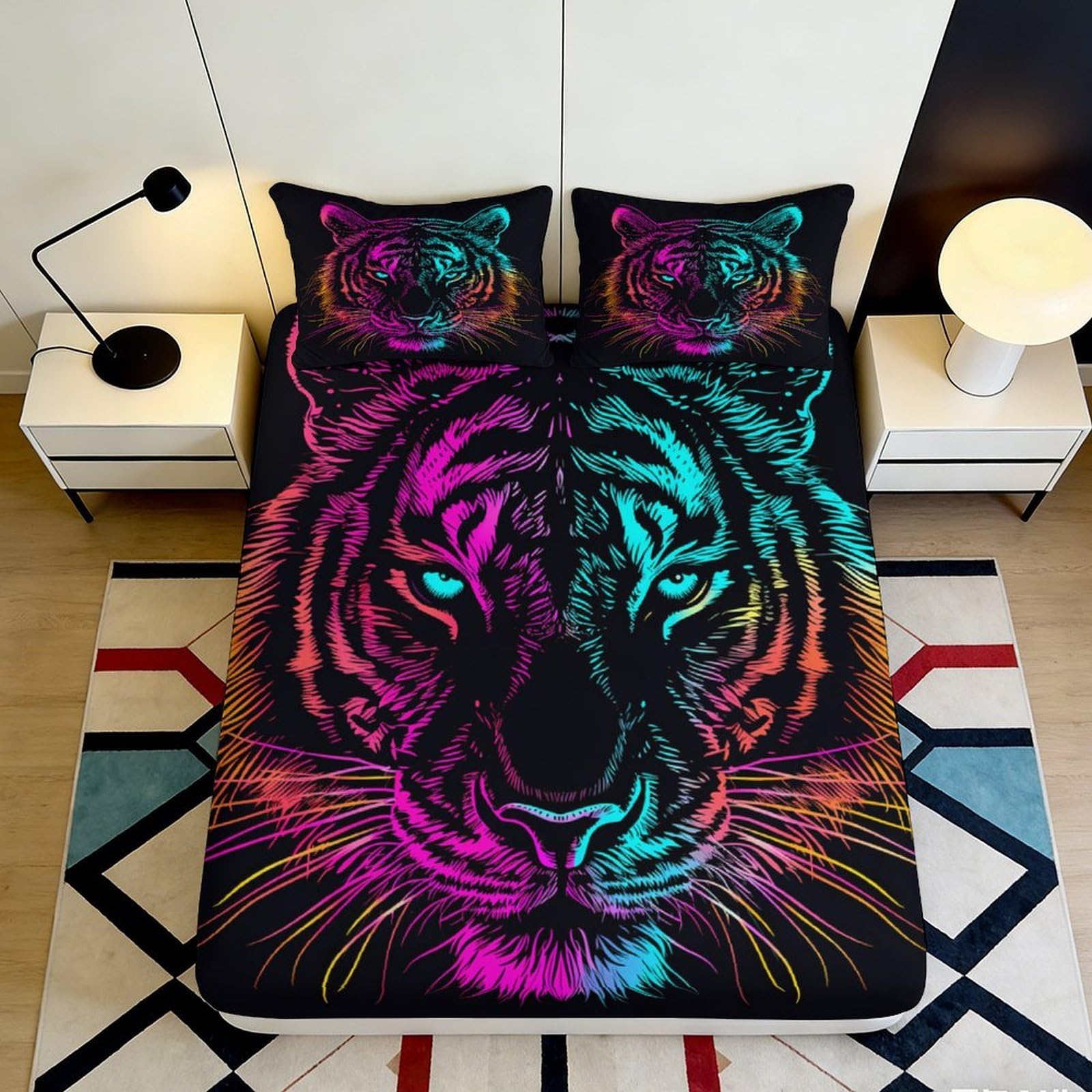 3D Printed Neon Tiger Fitted Sheet Microfiber Soft Bedroom Decor Vibrant Jungle Bed Cover for Home Dorm 90x200x25cm