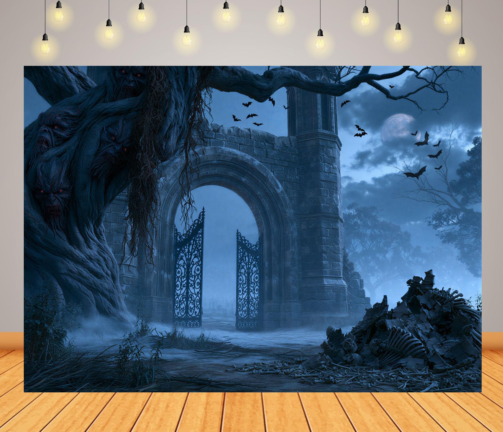 BELECO 6x3mTessuto Sfondo Halloween Albero Malvagio Cimitero | Albero Vecchio Spaventoso Porta Di Pietra Scheletro Teschio Cimitero Nebbioso Notte Sfondo Festa Orrore Telo Di Sfondo