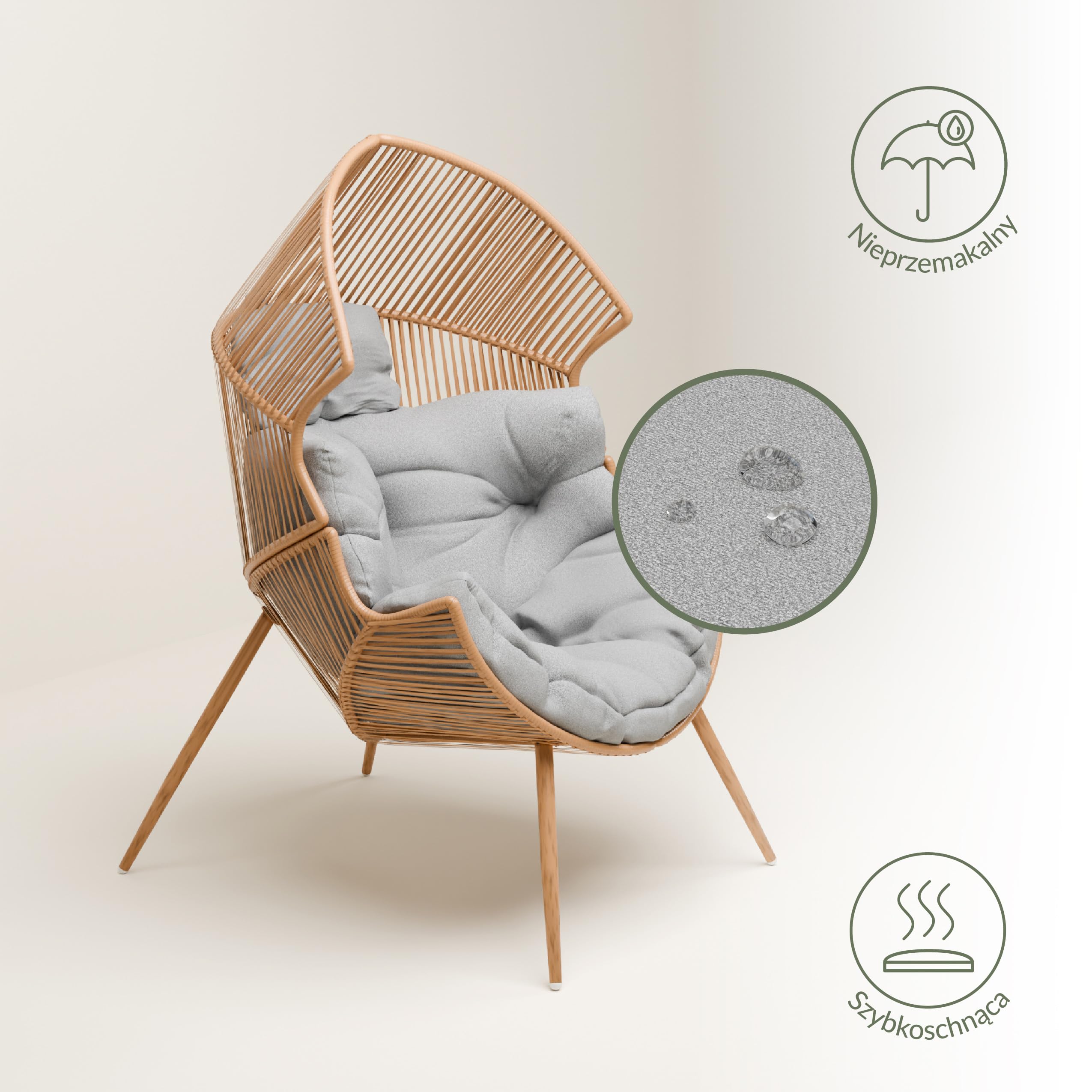 Summery, fotel rattanowy, odporny na warunki atmosferyczne, fotel ogrodowy z poduszką do siedzenia, fotel balkonowy, fotel wiklinowy na taras, poduszka odporna na działanie wody, szara, wyściełana