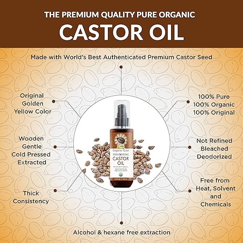 Miniatura 2 de Organic Veda Aceite de ricino puro, aceite de semillas de ricino 100% orgánico, aceite de ricino virgen prensado en frío, promueve el crecimiento