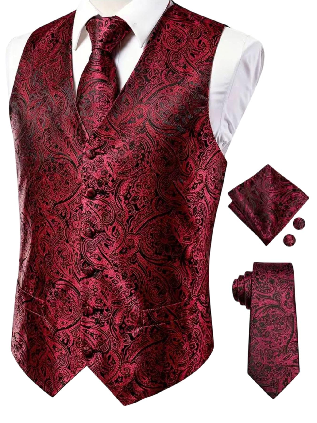 Męska kamizelka garniturowa Paisley żakardowa jednorzędowa slim fit z wiązaniem poszetką na wesela i formalne wydarzenia