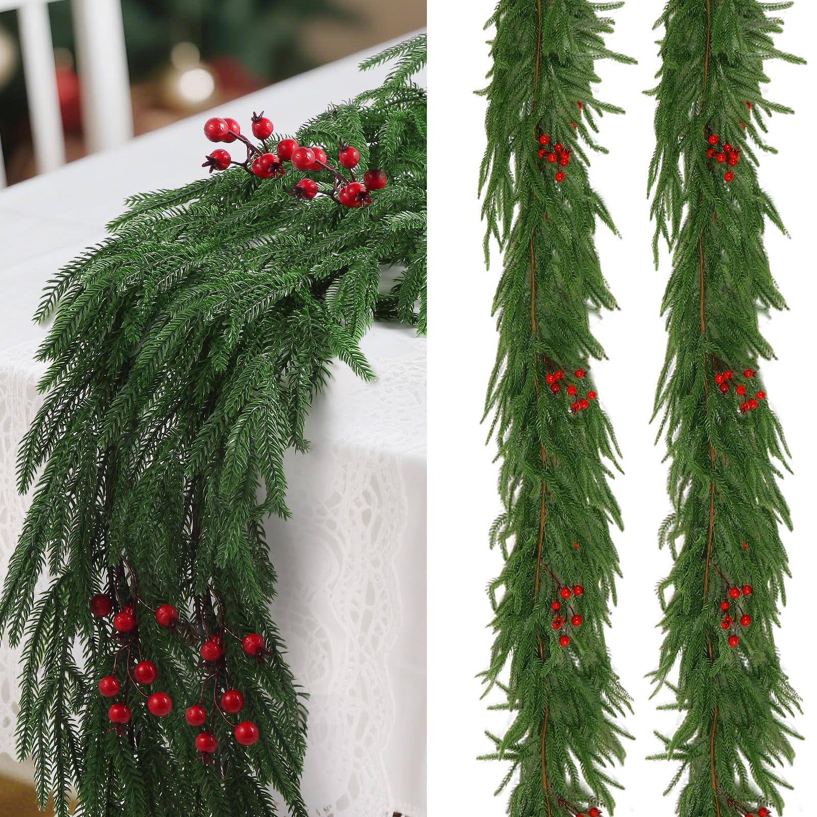 2 Pcs Artificial Norfolk Pine Garland, 6FT Christmas Real Touch Winter Pine Garlands Realistic, Red Berry Greenery Garland for Mantle, Stairs,